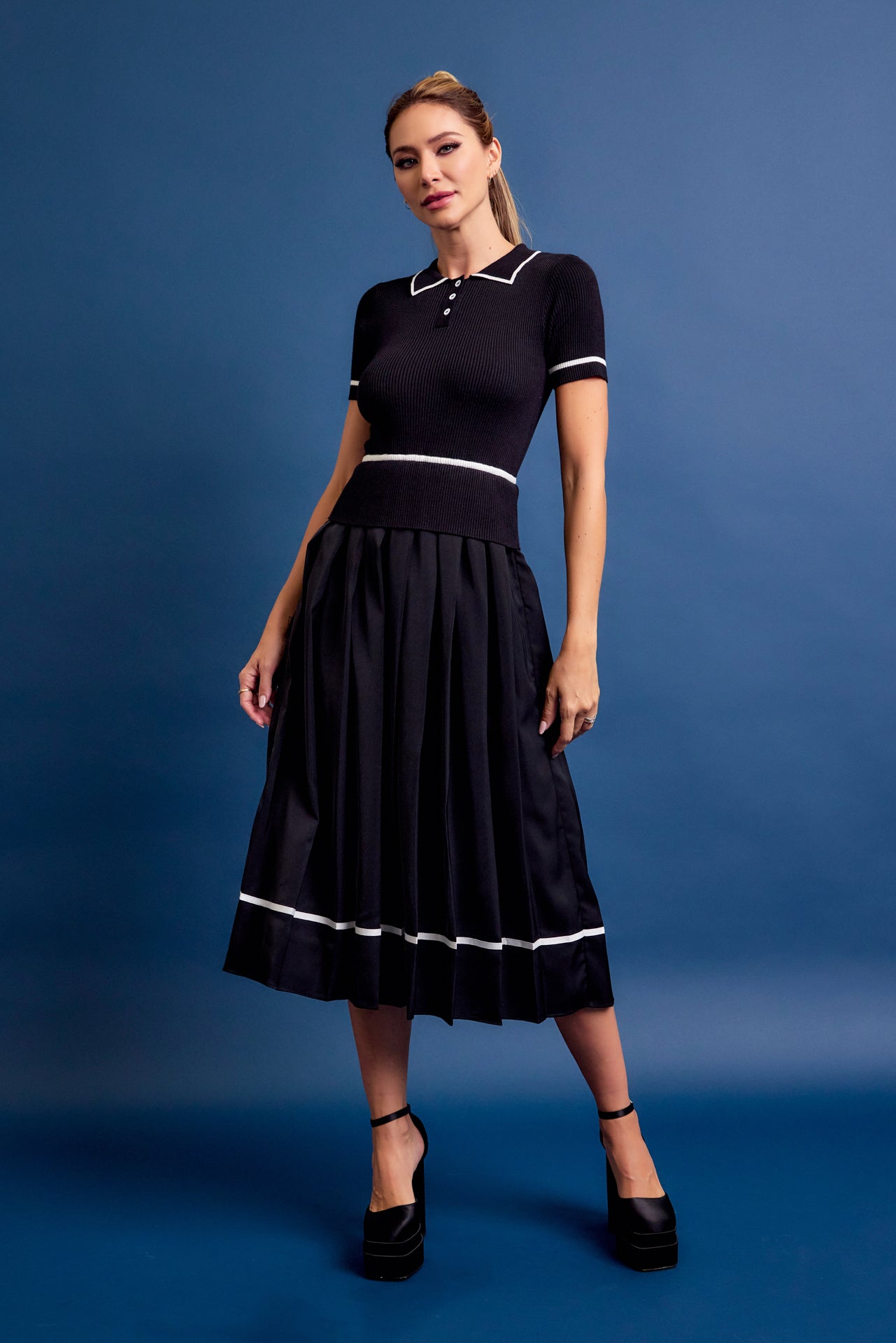 Talyssa Knit Slvls Midi Dress with Pleated Woven Skirt