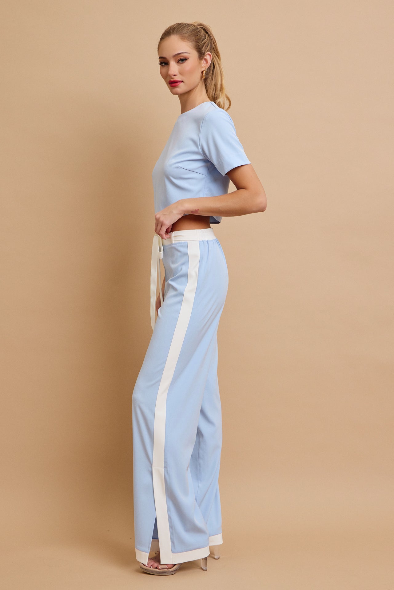 All Occasions Woven Short Sleeve Crop Top and Pants With Contrast Set