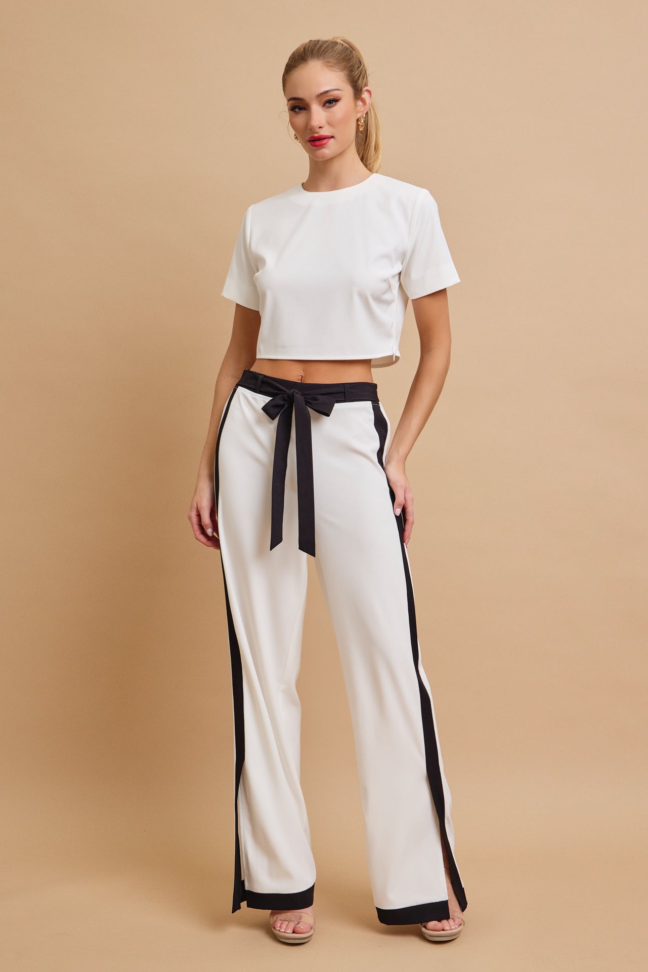 All Occasions Woven Short Sleeve Crop Top and Pants With Contrast Set