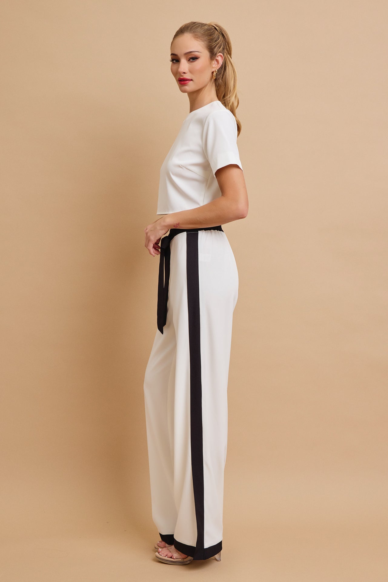 All Occasions Woven Short Sleeve Crop Top and Pants With Contrast Set