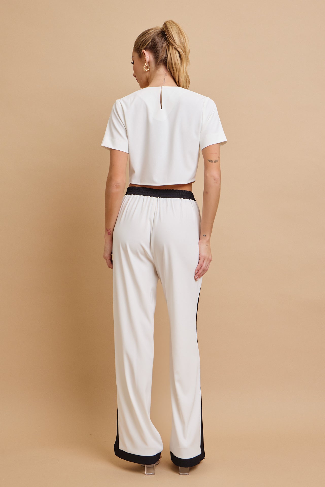 All Occasions Woven Short Sleeve Crop Top and Pants With Contrast Set