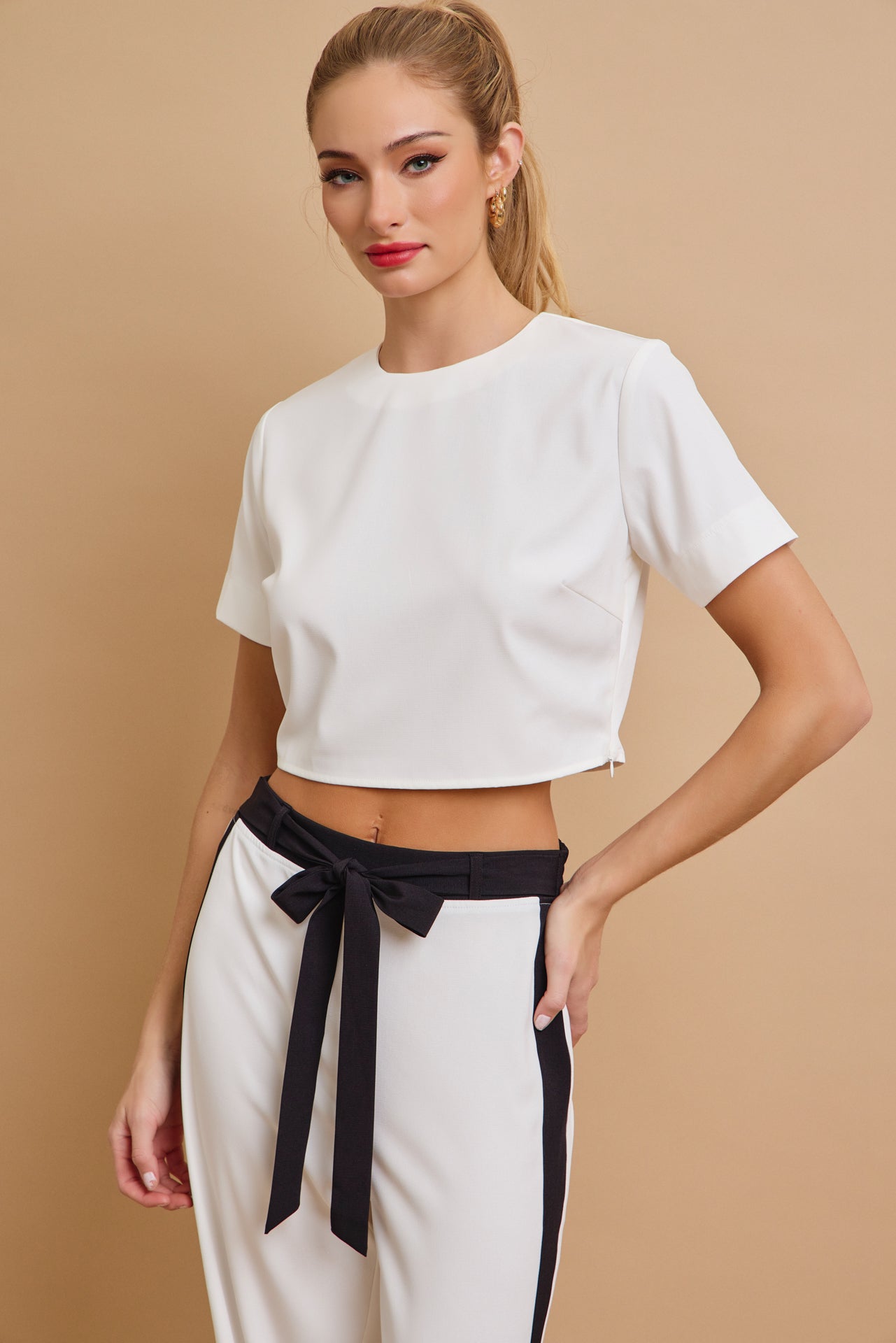 All Occasions Woven Short Sleeve Crop Top and Pants With Contrast Set