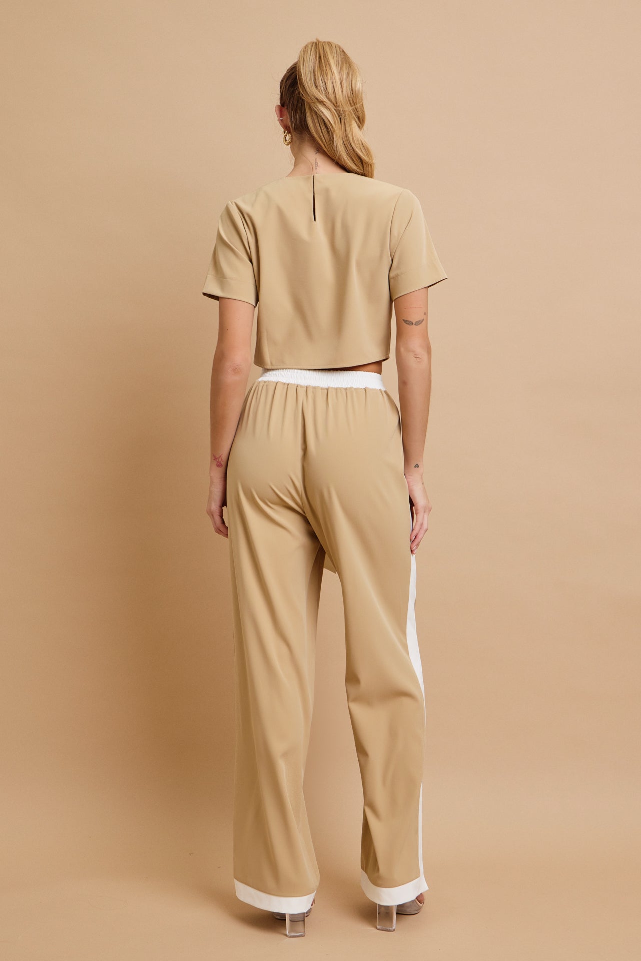 All Occasions Woven Short Sleeve Crop Top and Pants With Contrast Set