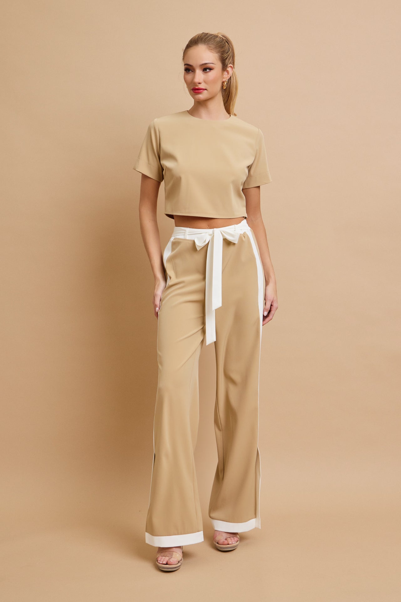 All Occasions Woven Short Sleeve Crop Top and Pants With Contrast Set