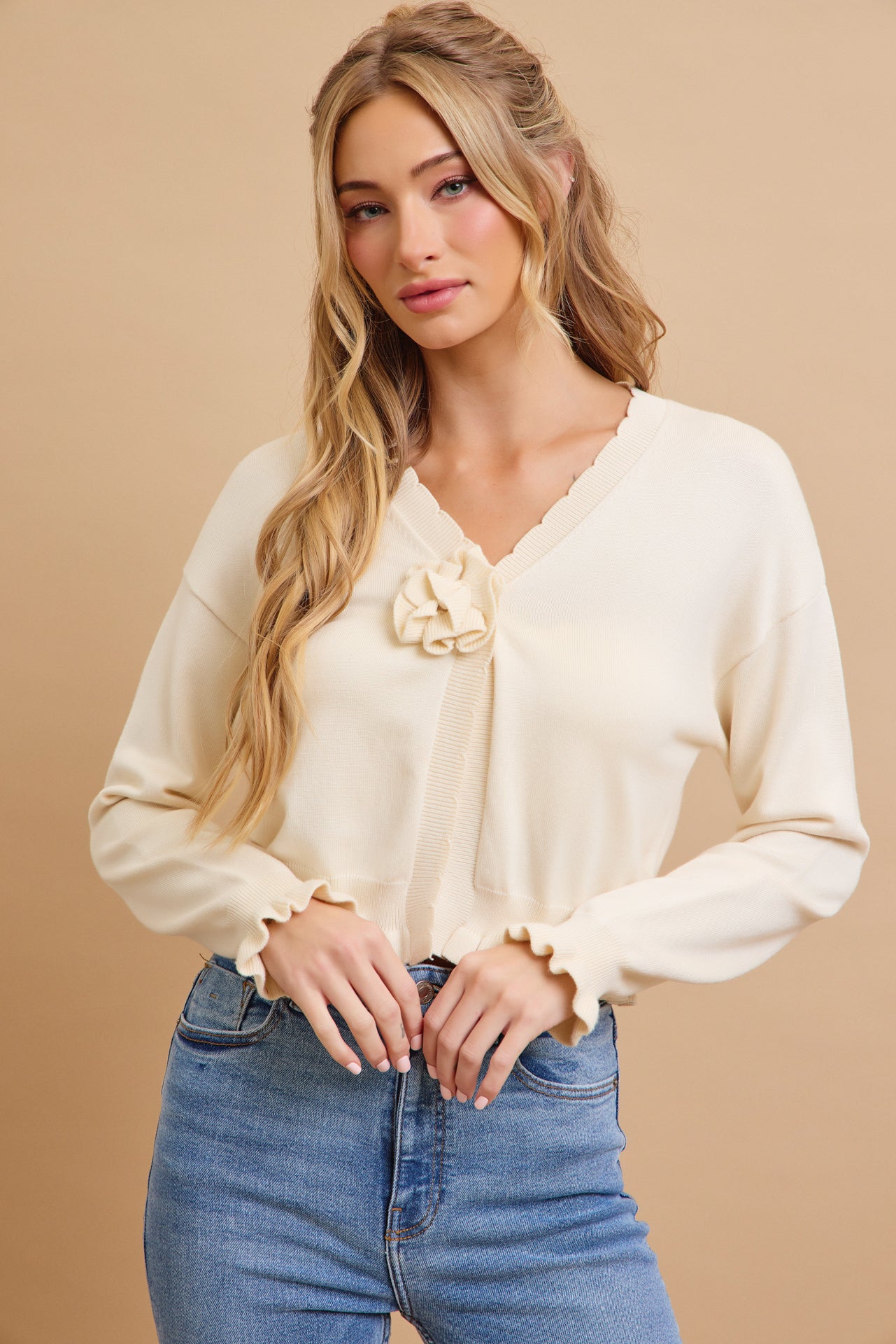 Rosette Ruffle Charm Knit Cardigan