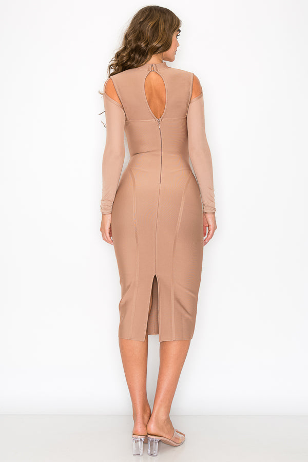 Sweetheart Neck Mesh Long sleeve Midi Dress