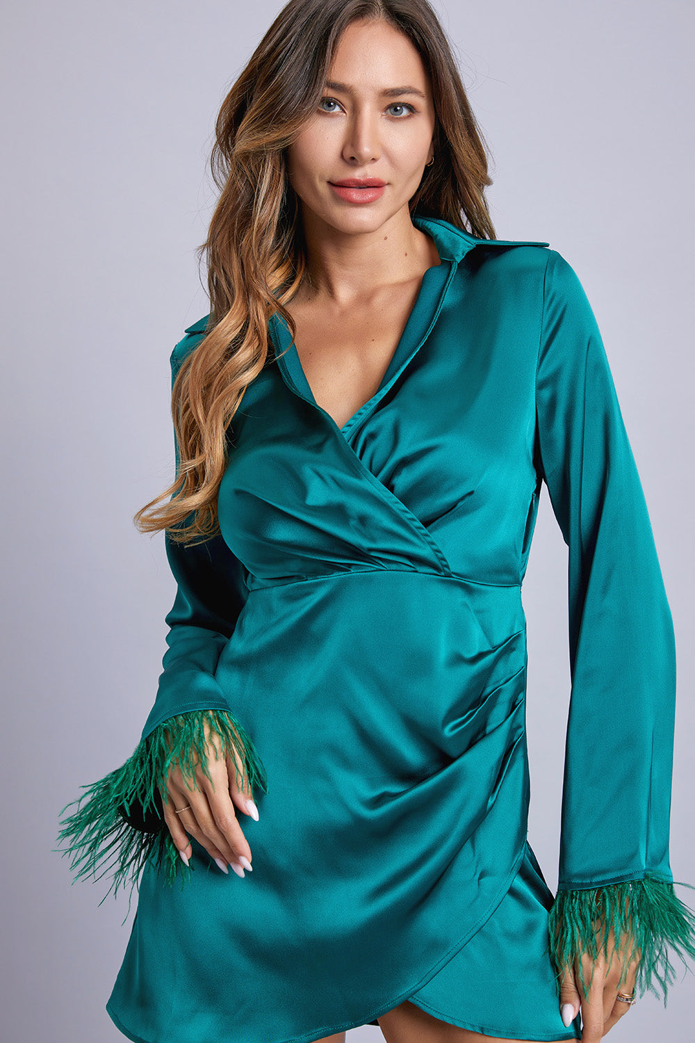 Feather Sleeve Solid Wrap Dress