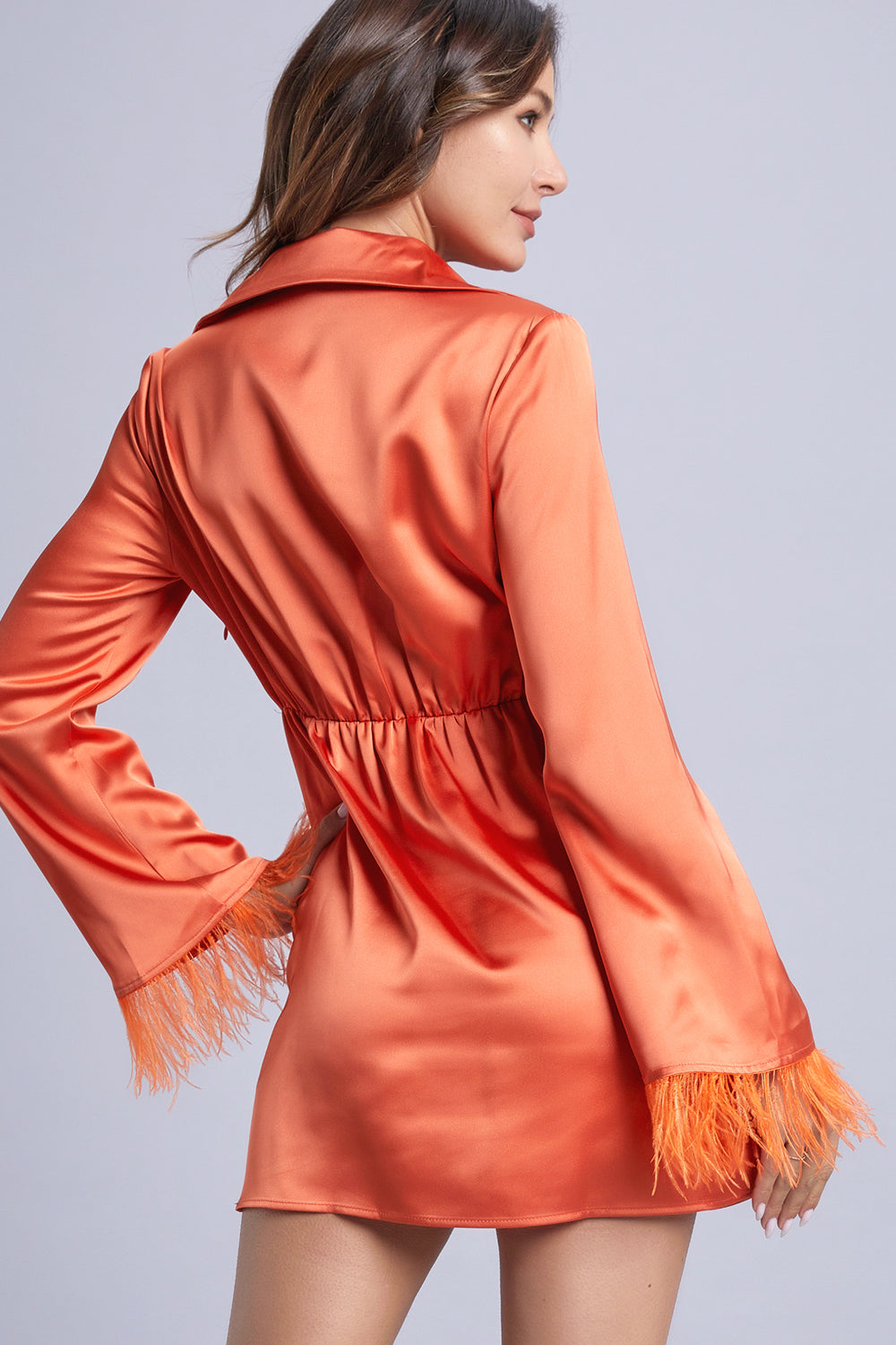 Feather Sleeve Solid Wrap Dress