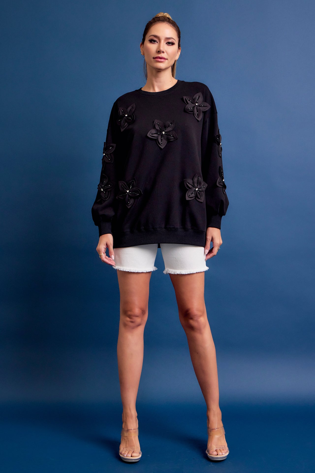 Wave Hello Knit Long Sleeve Top With Flower Accents