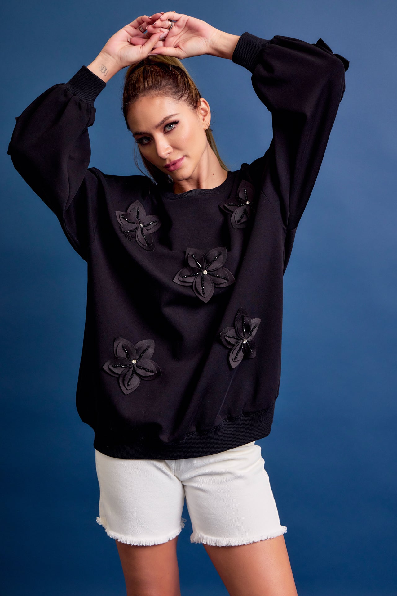 Wave Hello Knit Long Sleeve Top With Flower Accents