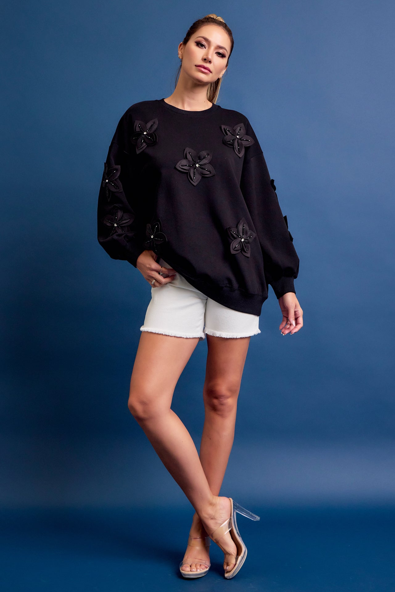 Wave Hello Knit Long Sleeve Top With Flower Accents