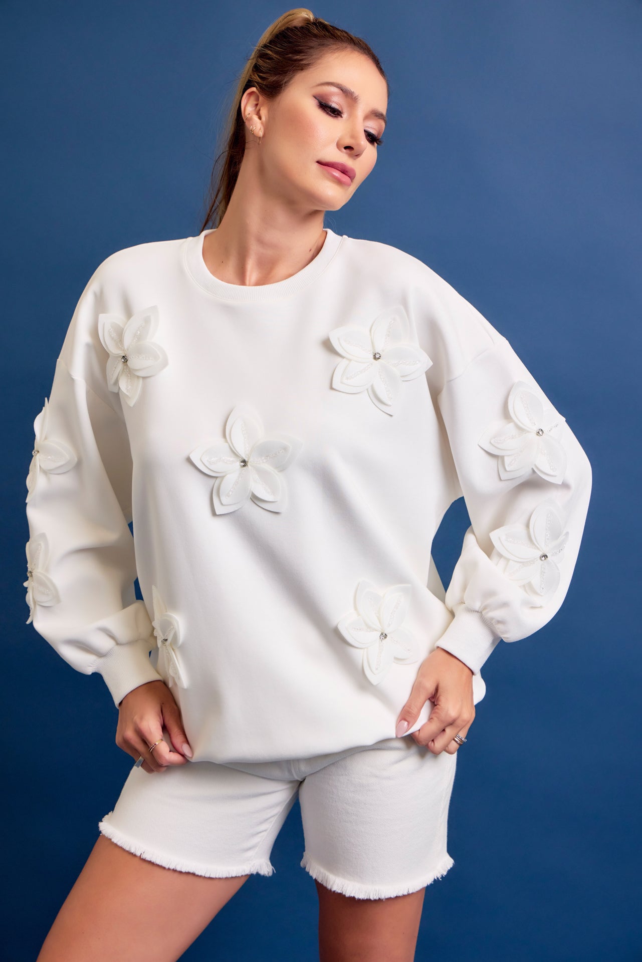 Wave Hello Knit Long Sleeve Top With Flower Accents