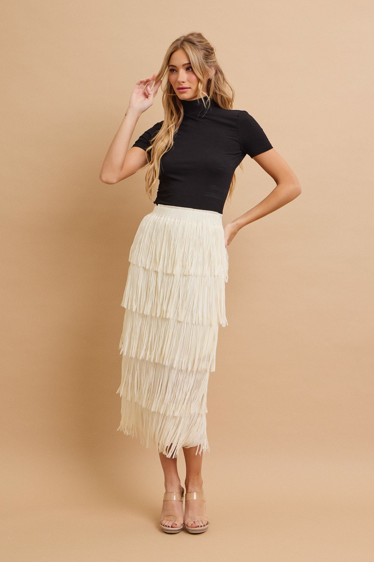 Tiered Fringe Skirt With Elastic Waist