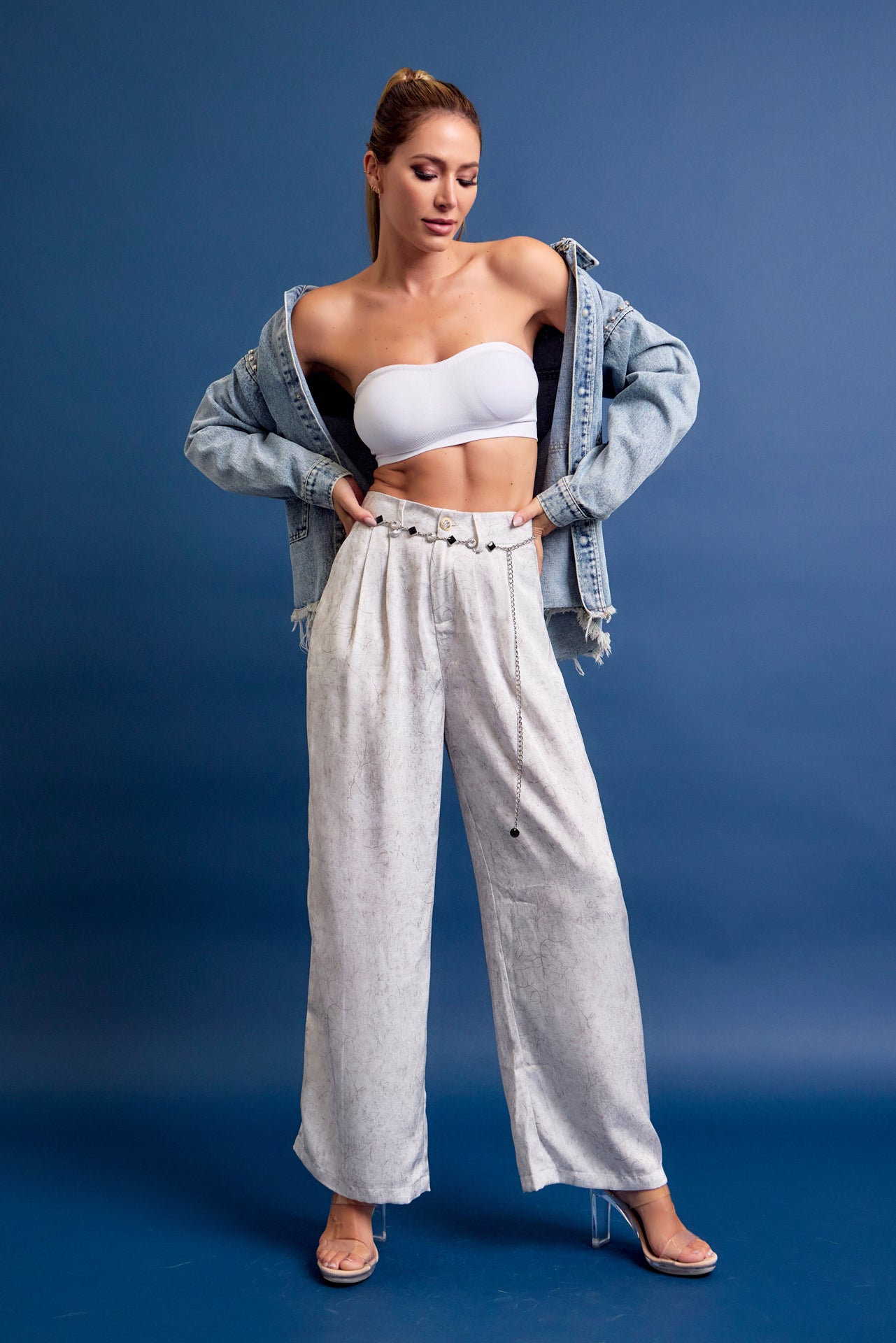 Crinkled Wide Leg Pants with Belt