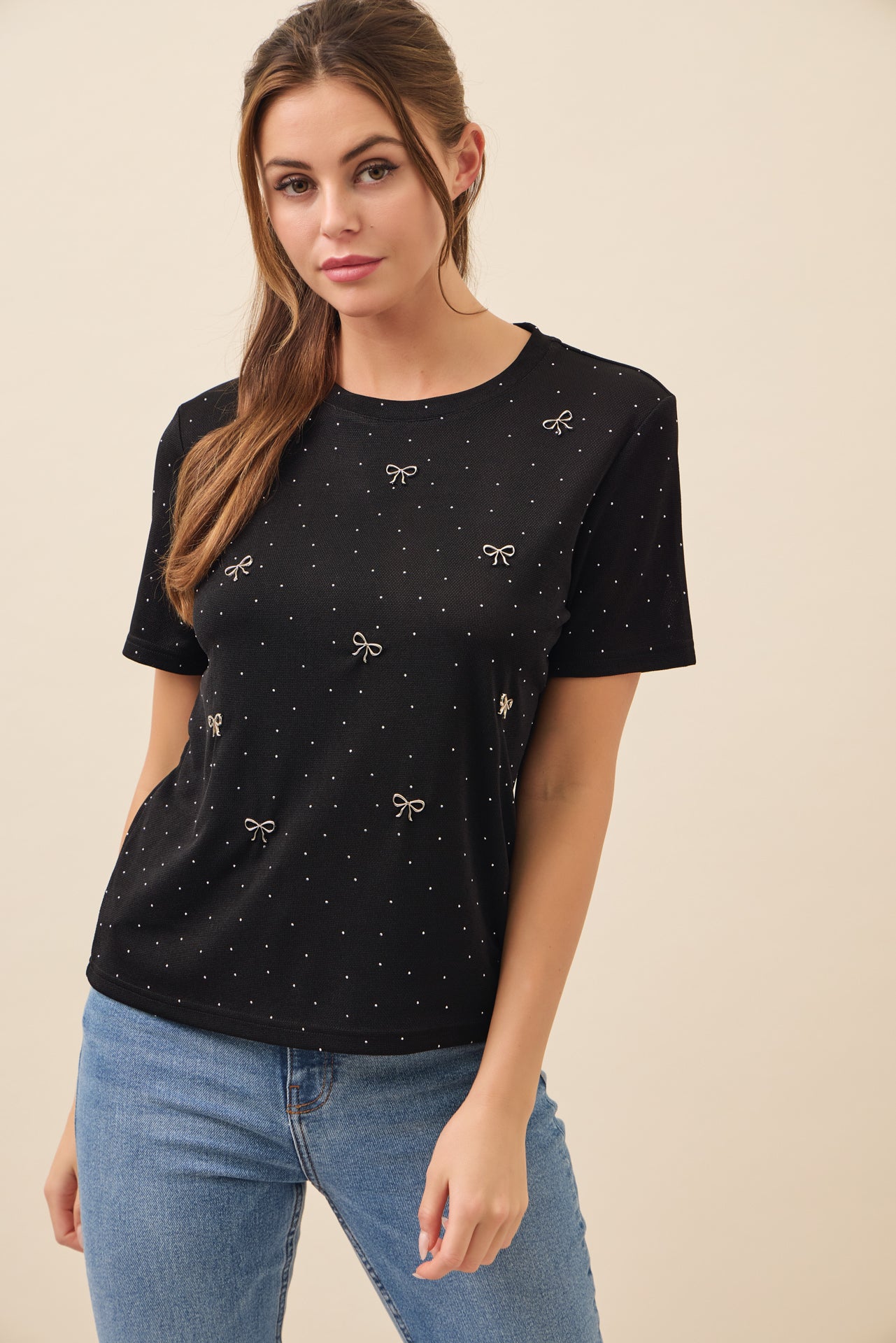 Raya Ribbon and Rhinestone Embellished T-shirt