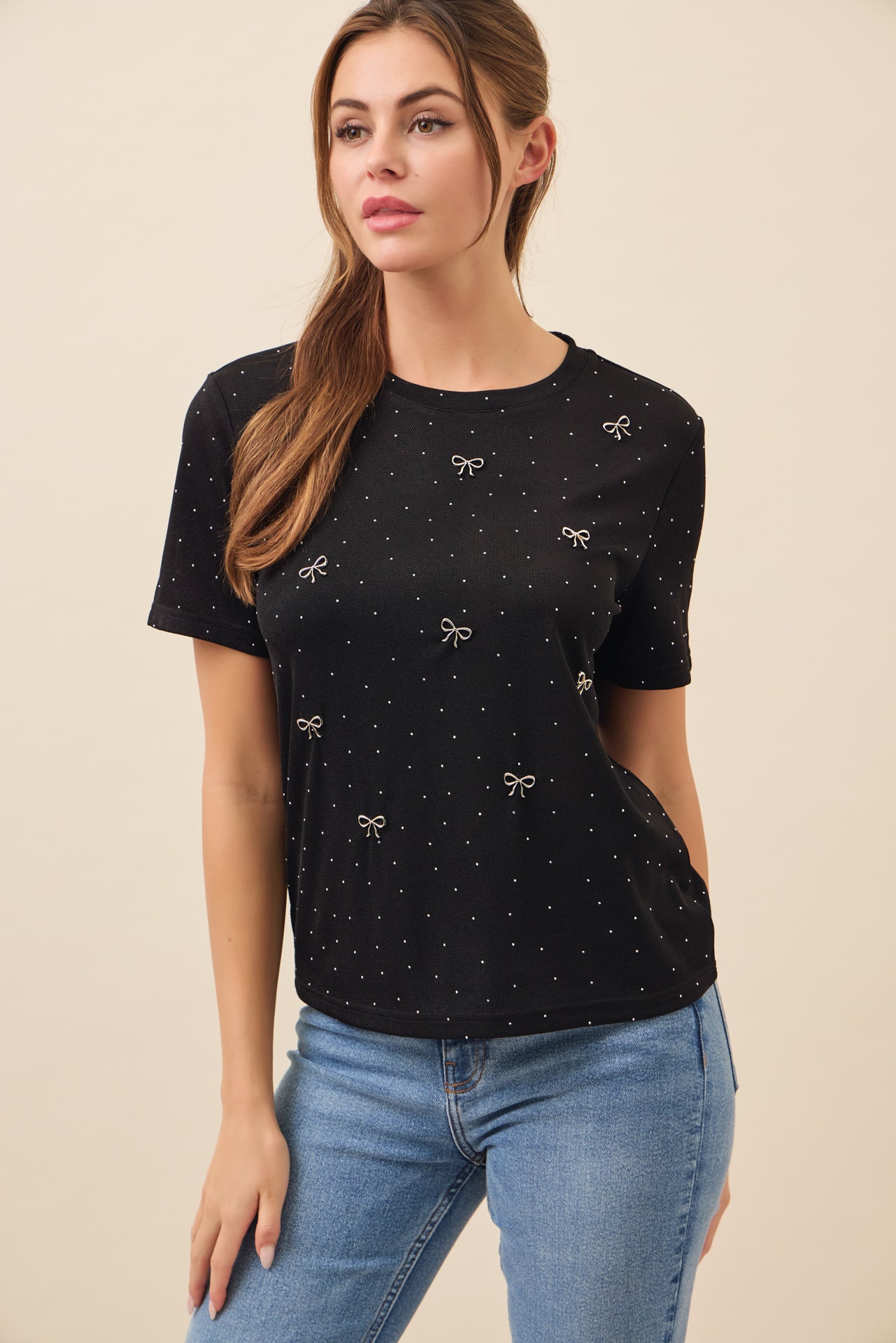 Raya Ribbon and Rhinestone Embellished T-shirt