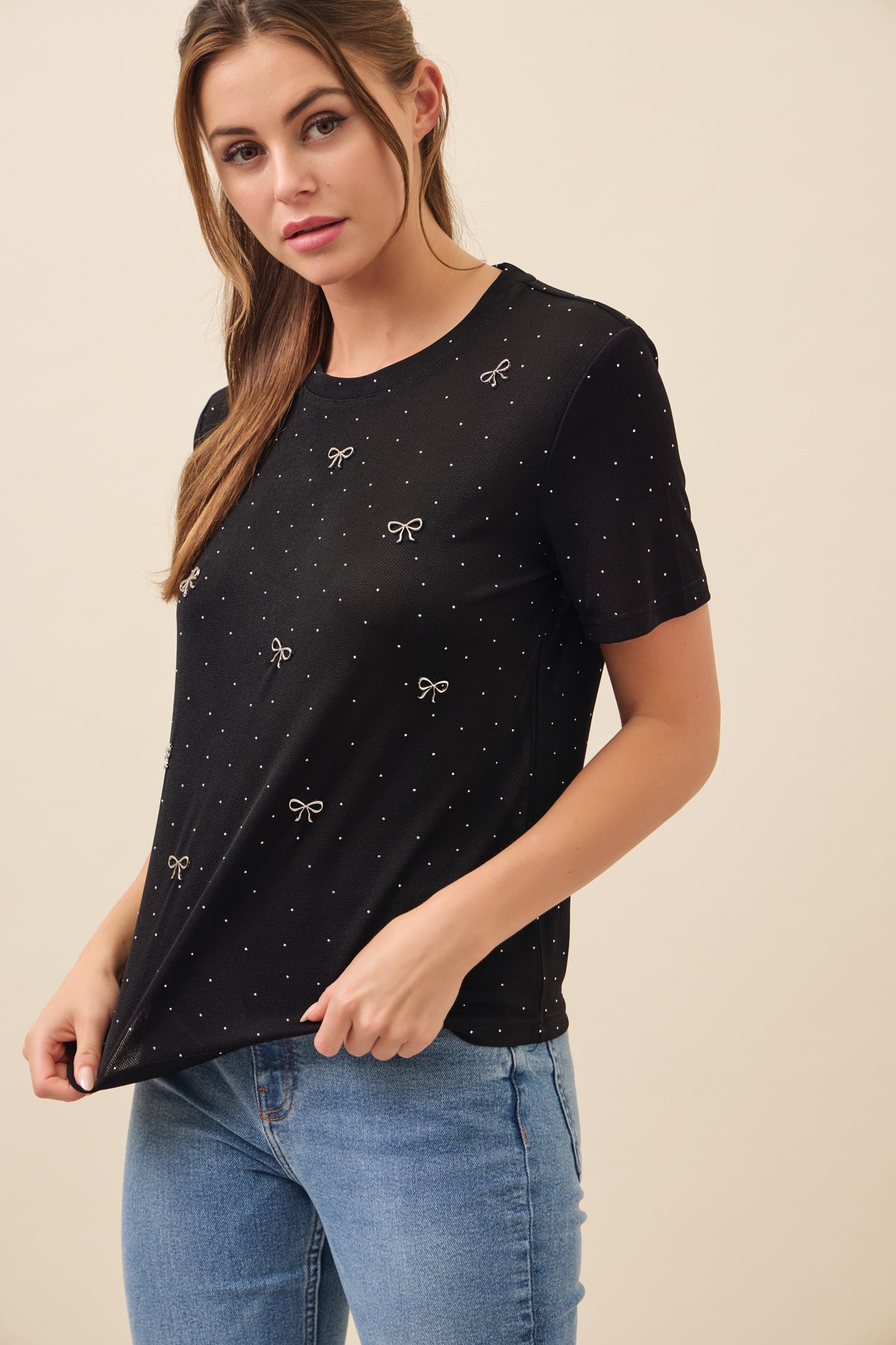 Raya Ribbon and Rhinestone Embellished T-shirt