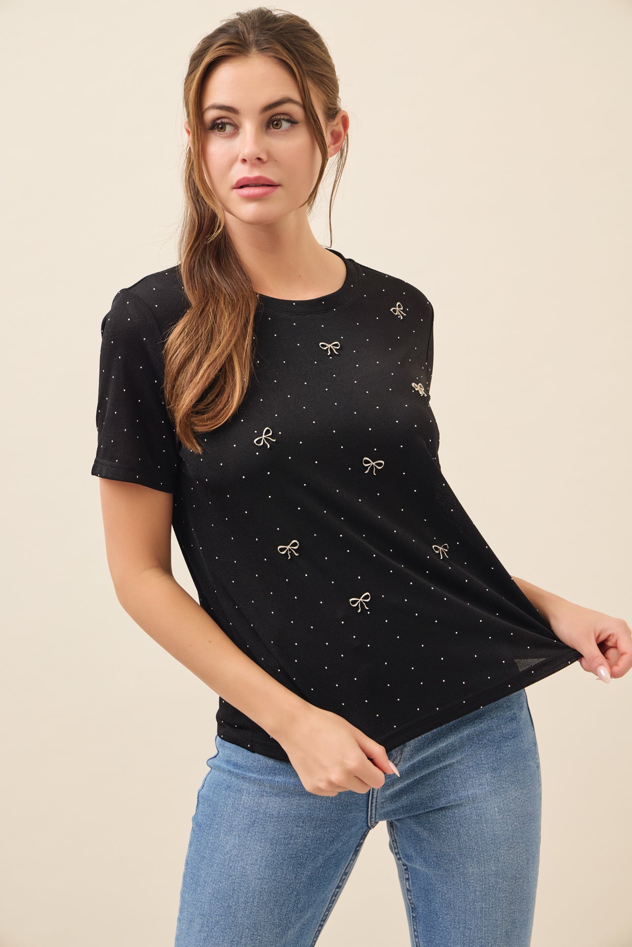 Raya Ribbon and Rhinestone Embellished T-shirt