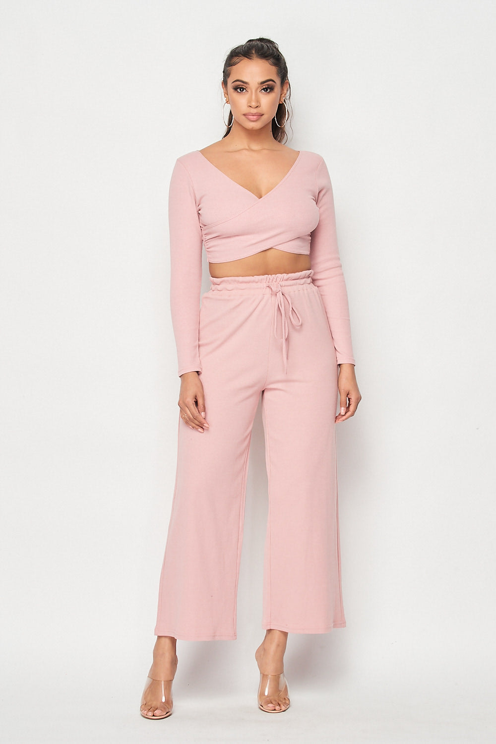Solid Long Sleeve Crop Top and Wide Leg Pants Set