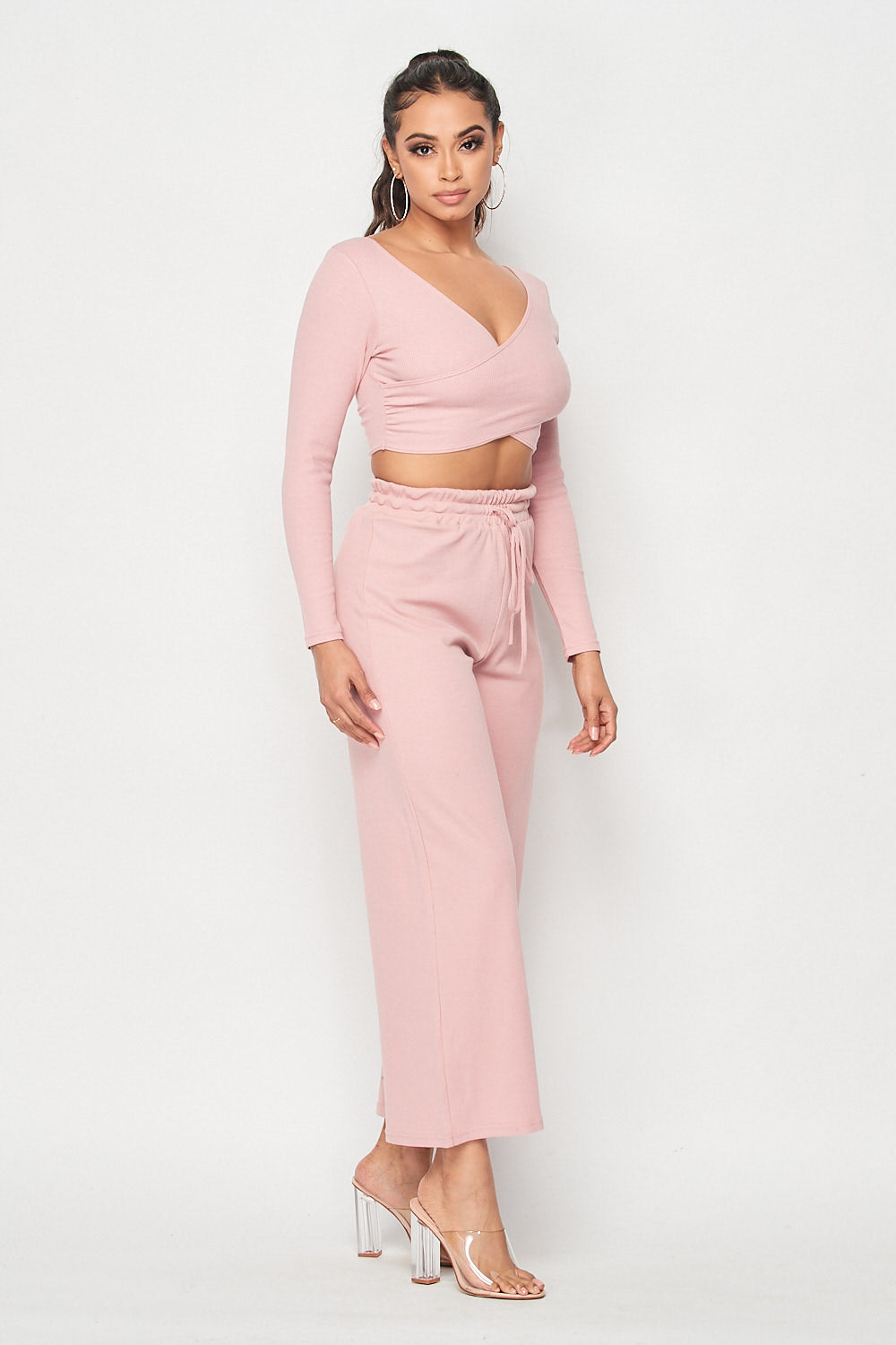 Solid Long Sleeve Crop Top and Wide Leg Pants Set