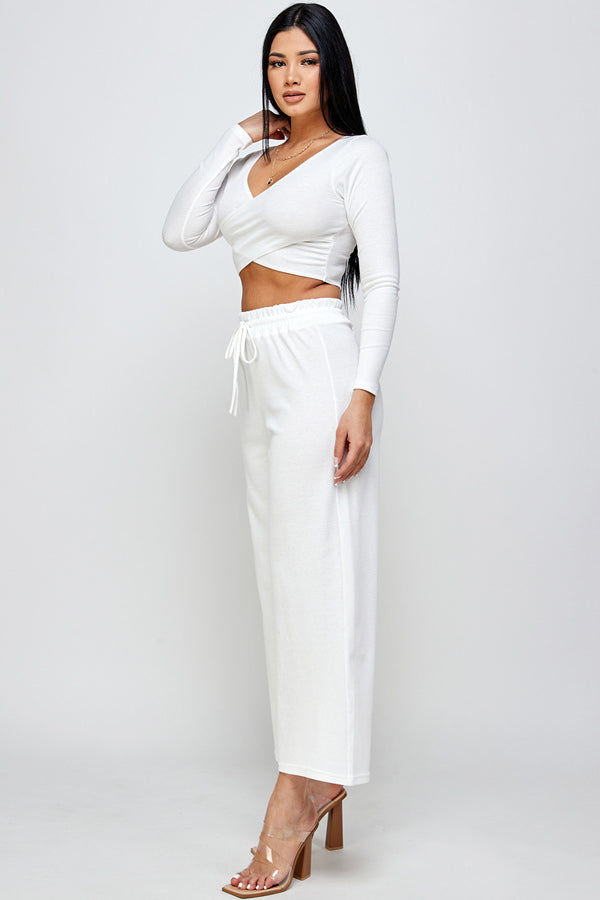 Solid Long Sleeve Crop Top and Wide Leg Pants Set