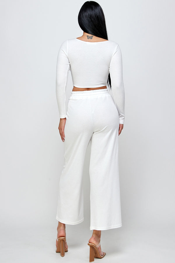 Solid Long Sleeve Crop Top and Wide Leg Pants Set