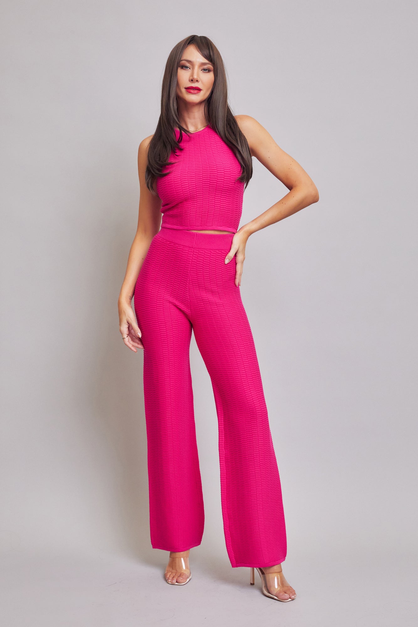 Textured Knit Sleeveless Crop Top and Wide Leg Pants Set