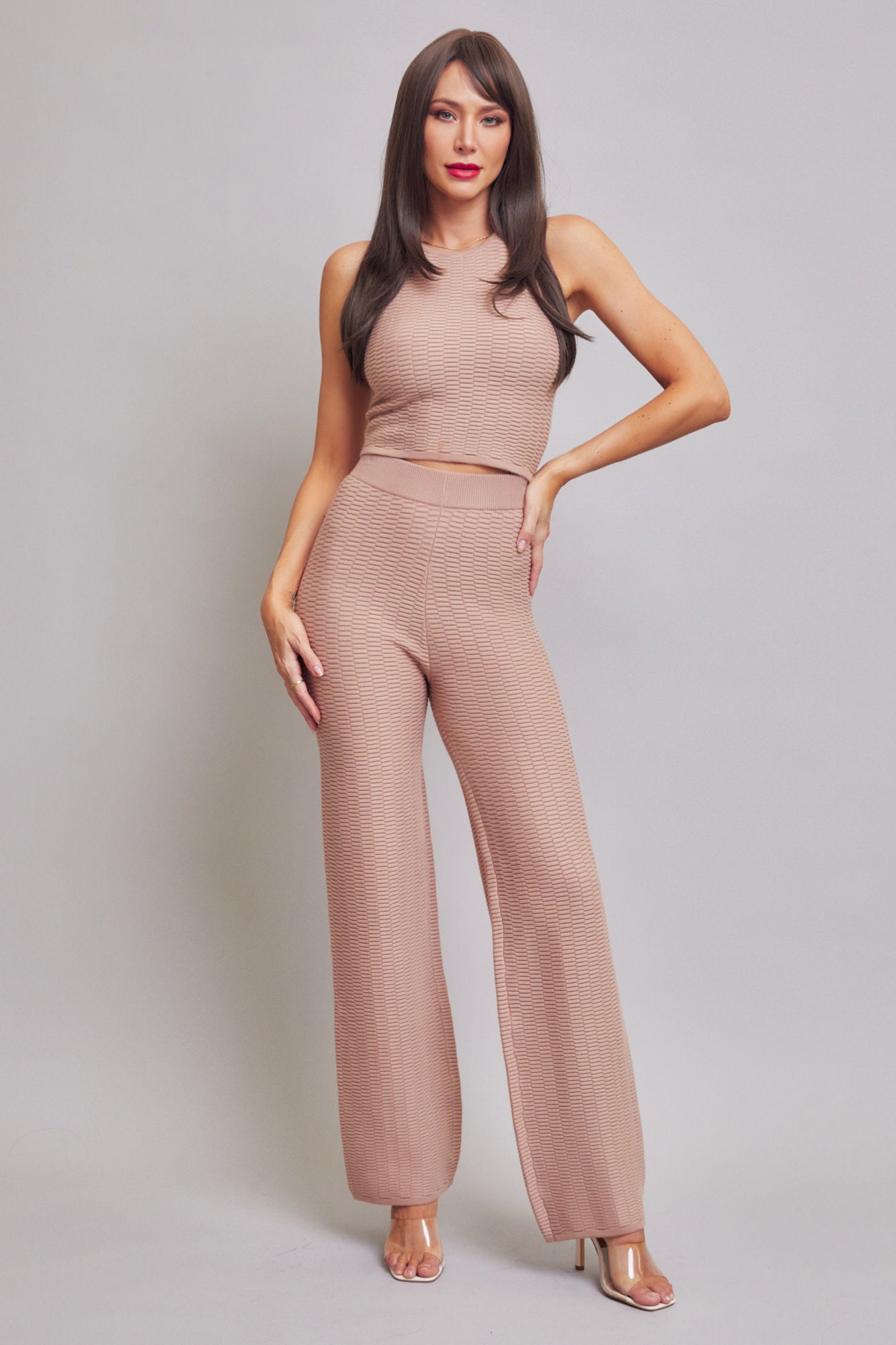 Textured Knit Sleeveless Crop Top and Wide Leg Pants Set