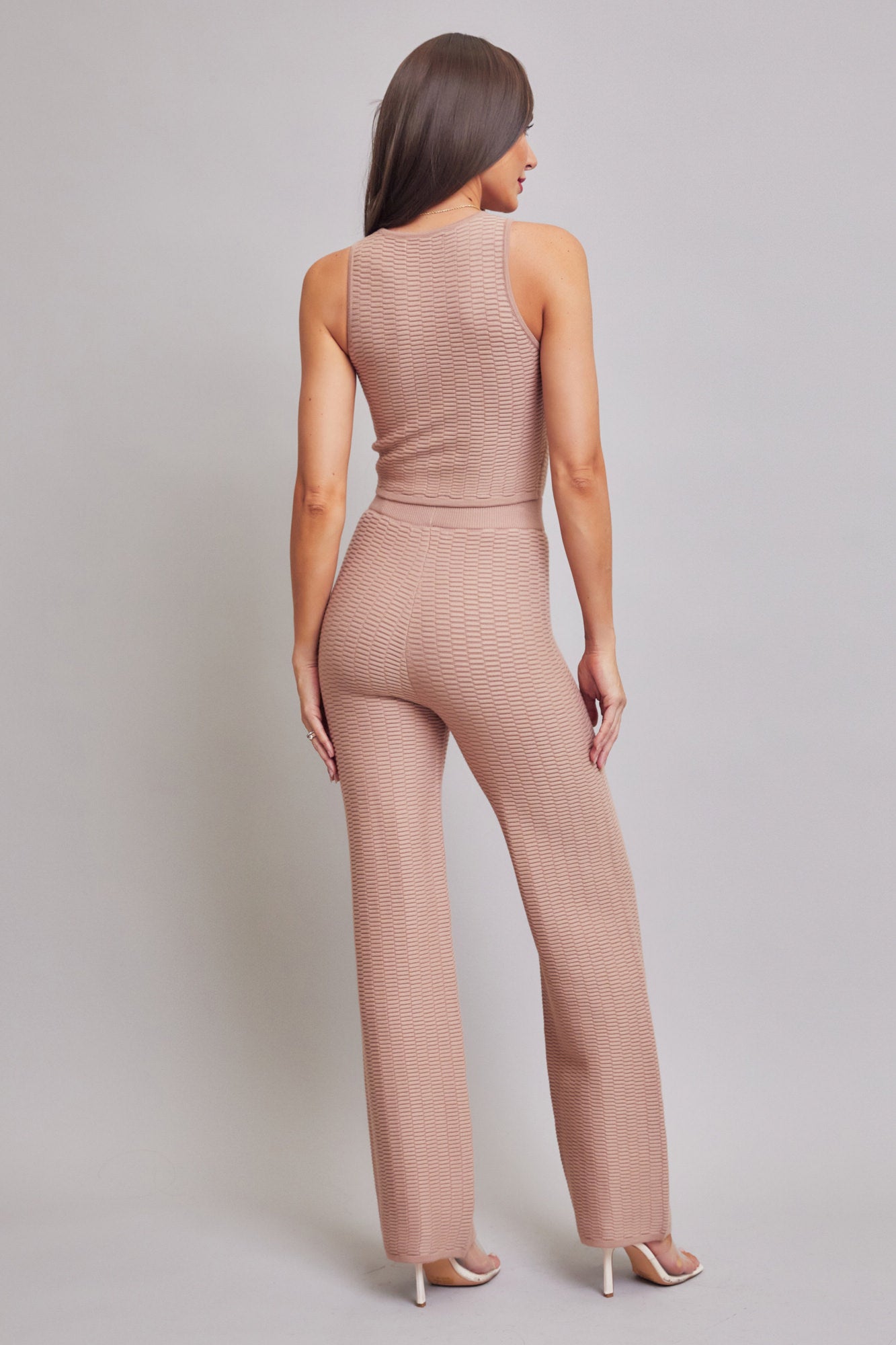 Textured Knit Sleeveless Crop Top and Wide Leg Pants Set