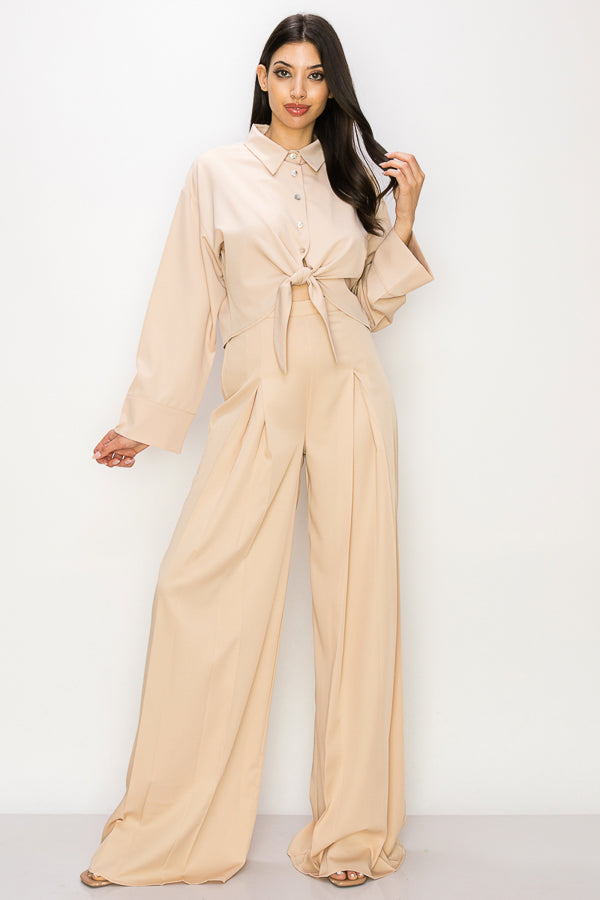 Woven Long Sleeve Top and Pants Set