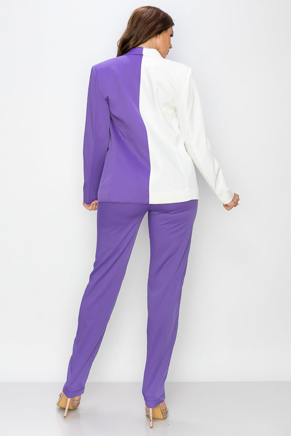 Two Tone Color Solid Blazer Pants Set