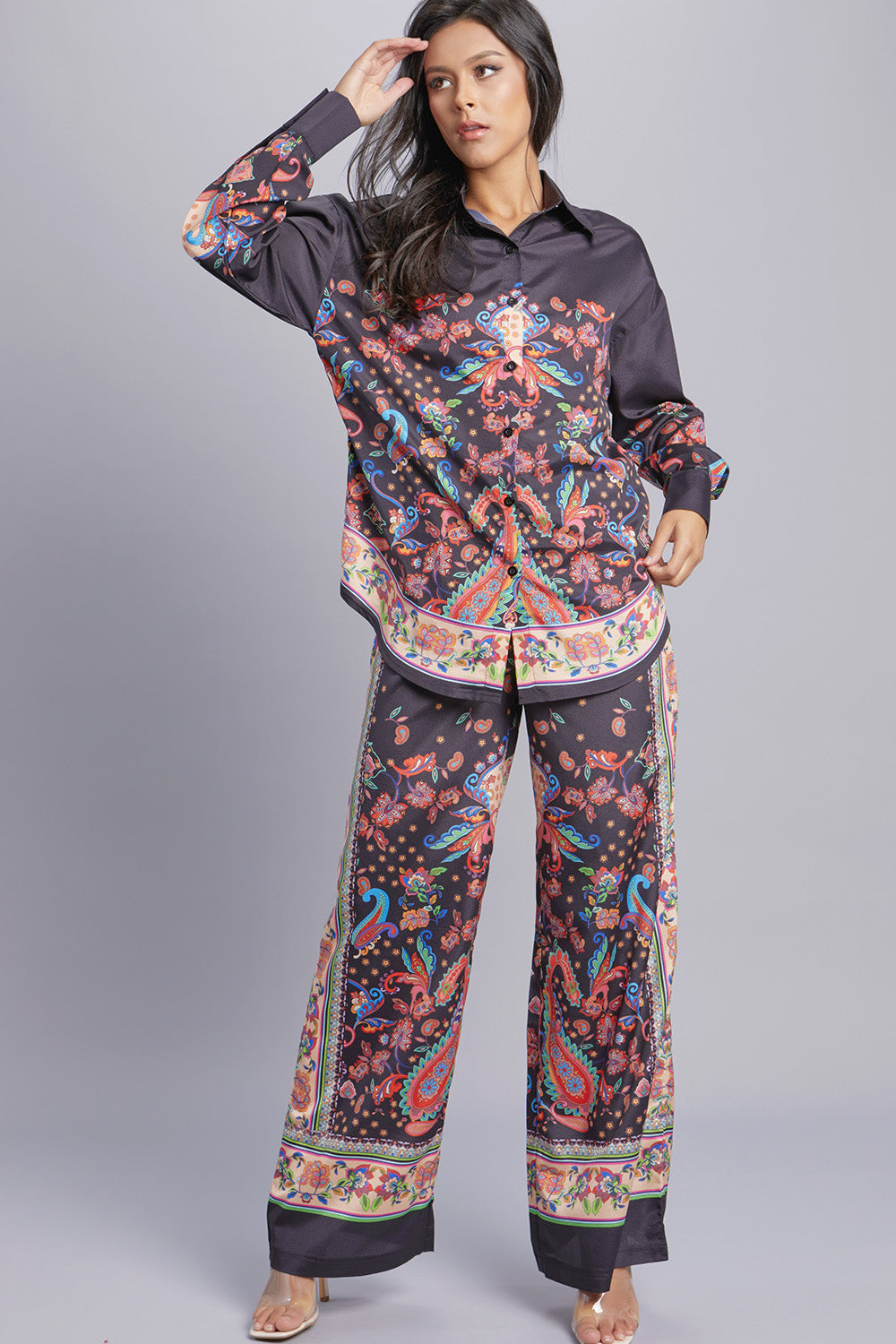 Floral & Paisley Printed Long Sleeve Button Up & Pants Set