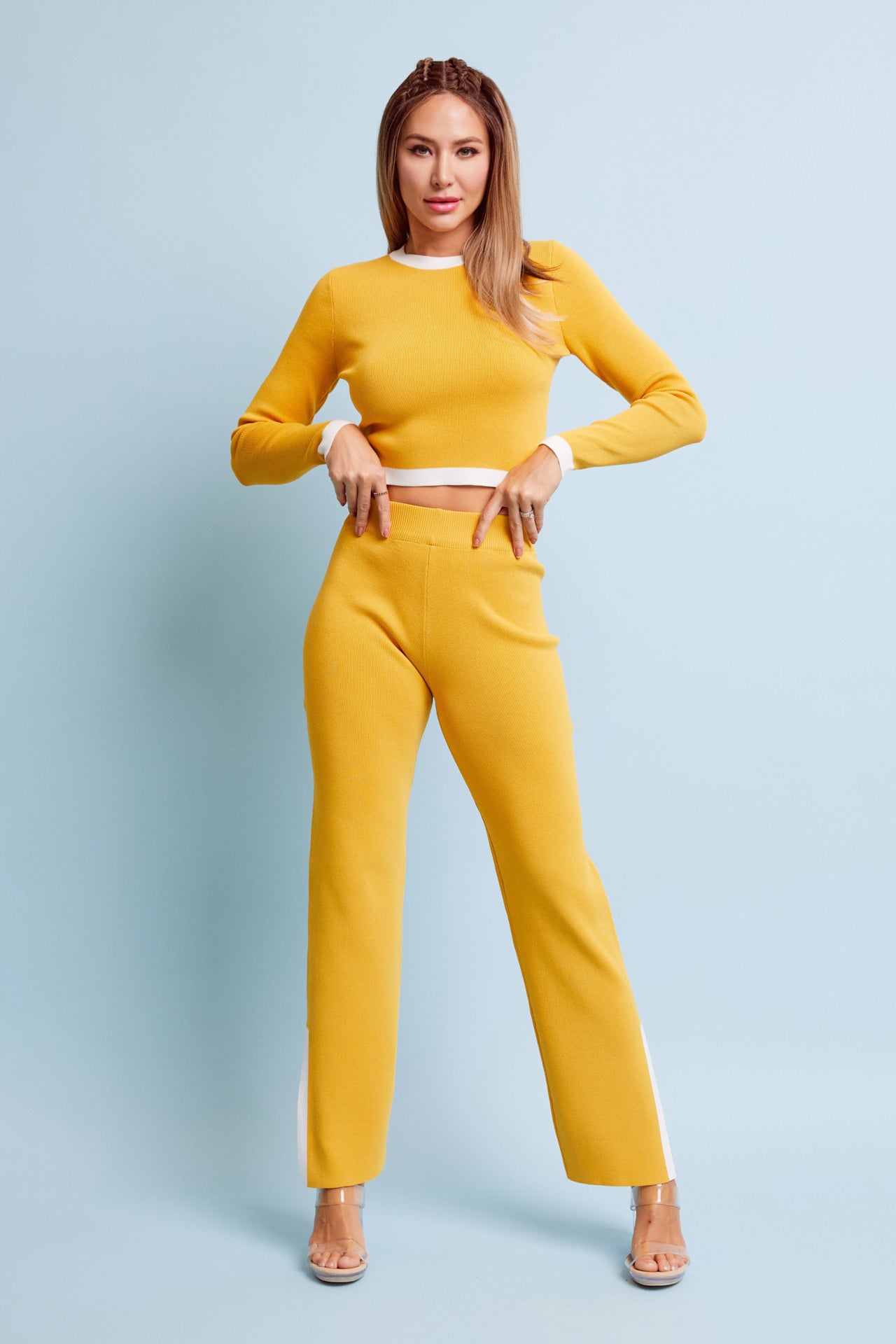 Wear Everywhere Knit Long Sleeve Top And Pants Set With Contrast