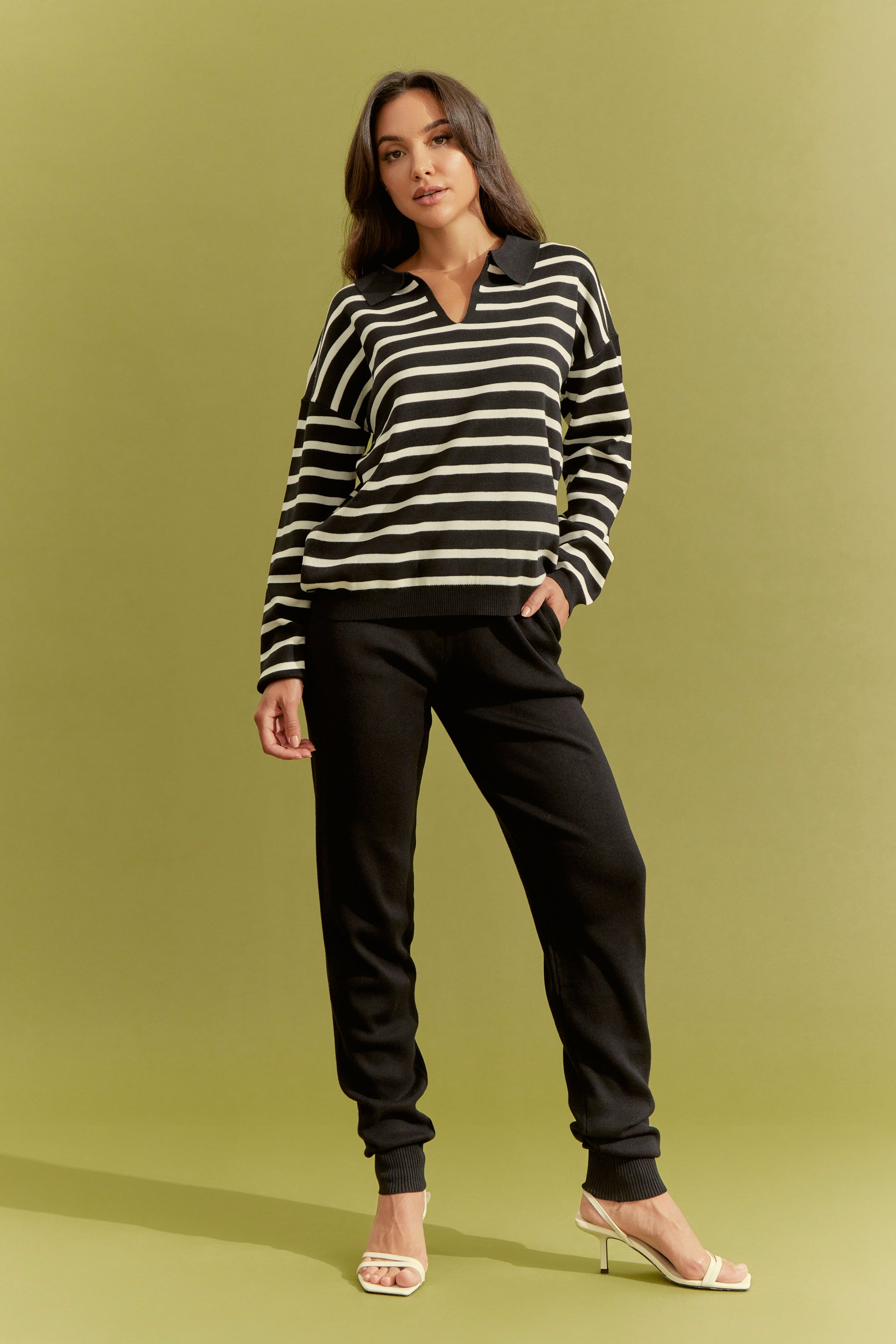 Knit Stripe Long sleeve Top and Solid Pants Set