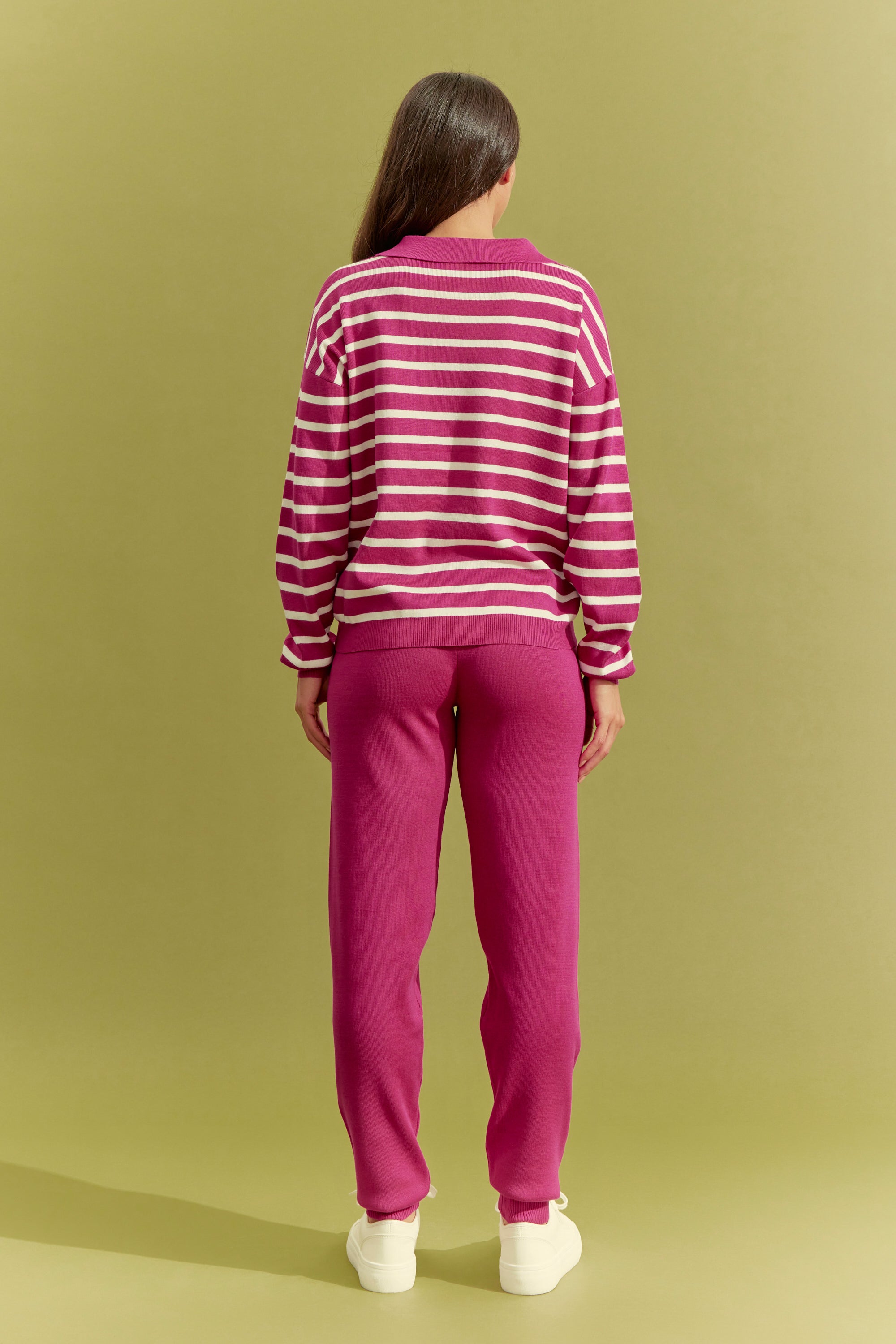 Knit Stripe Long sleeve Top and Solid Pants Set