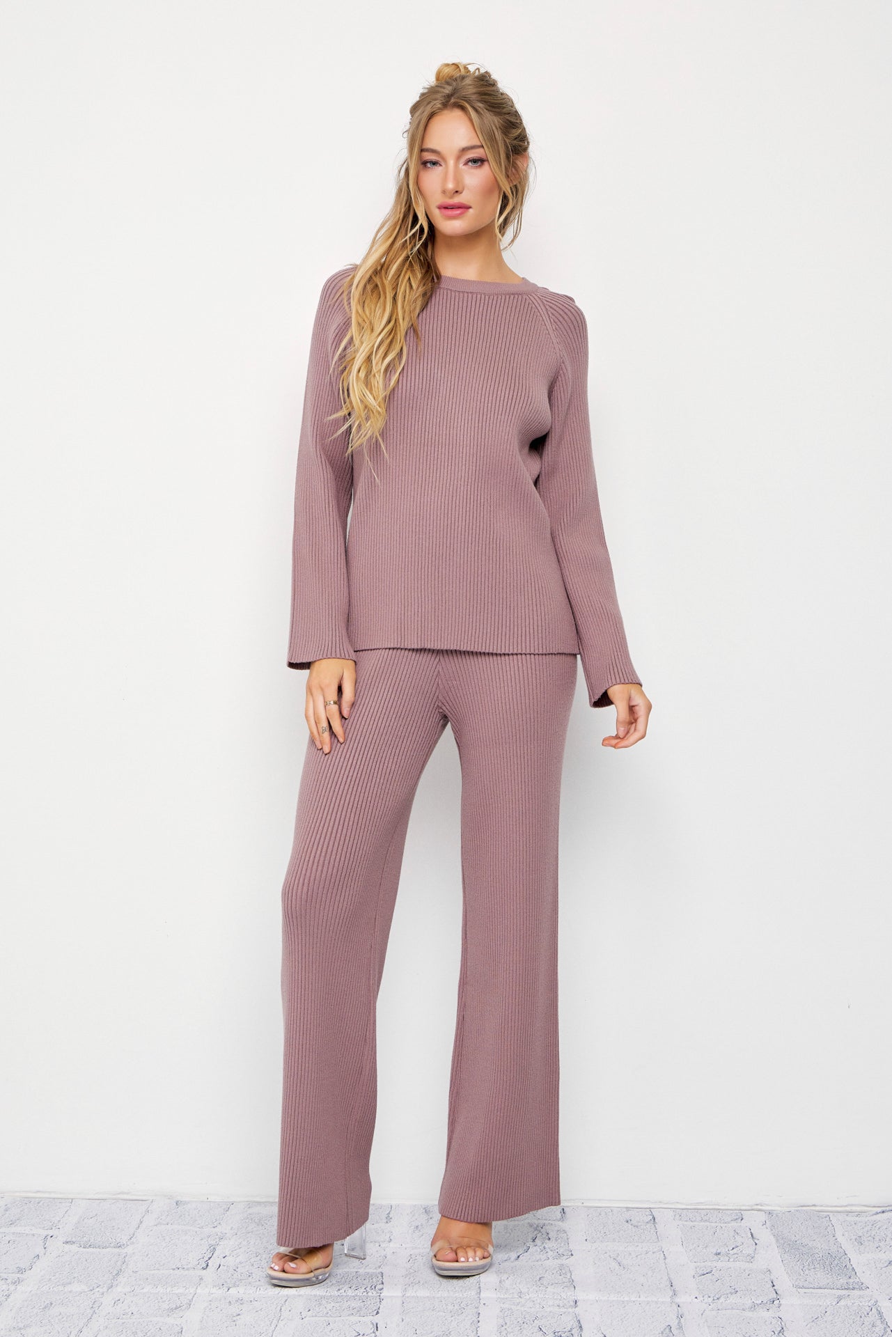 The Basic Rib Knit Long Slv Top And Pants Set