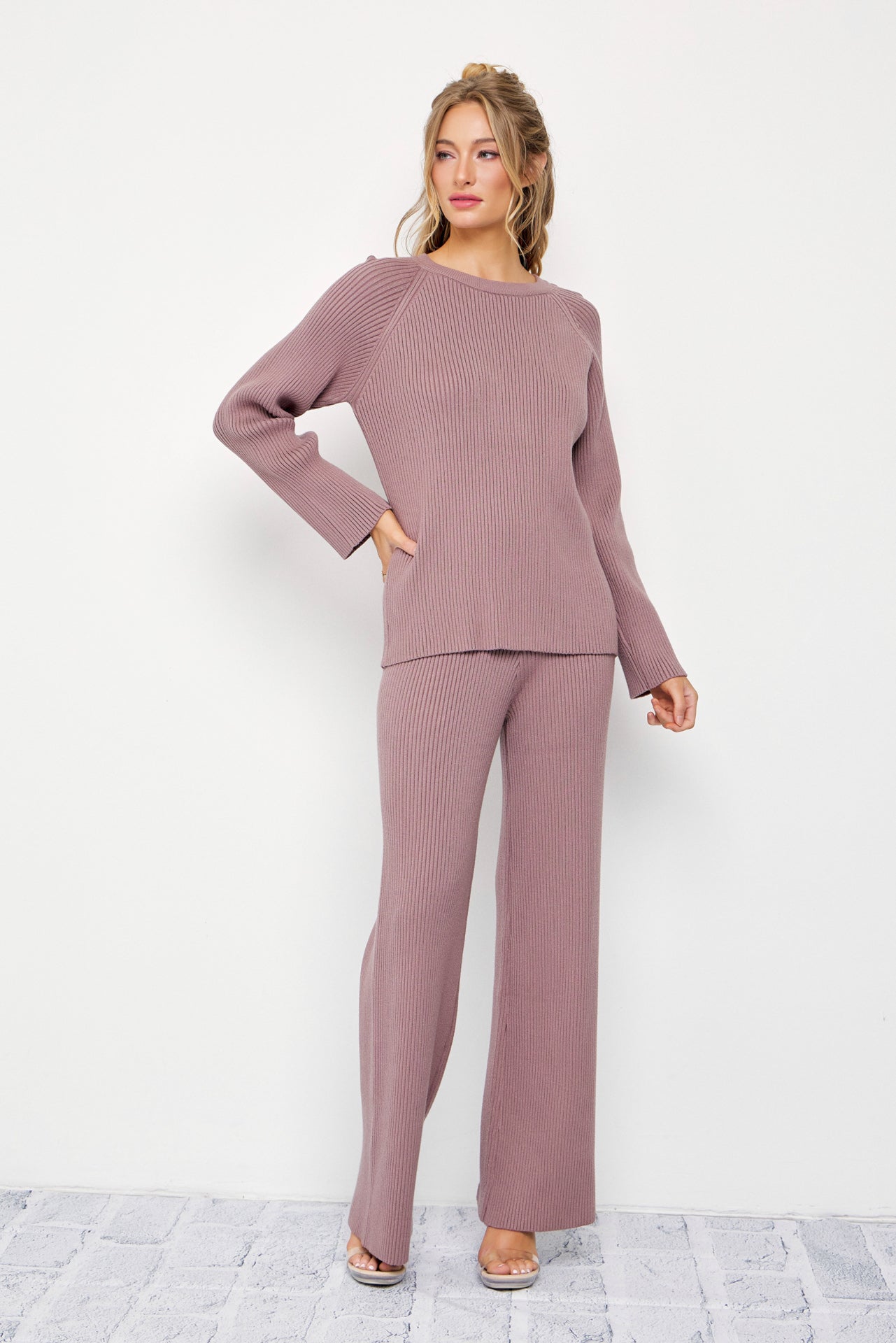 The Basic Rib Knit Long Slv Top And Pants Set