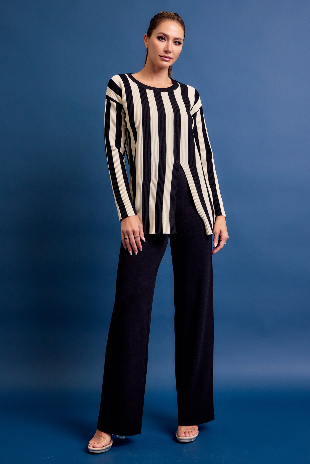 Clean Lines Knit Stripe Long Sleeve Top and Solid Pants Set