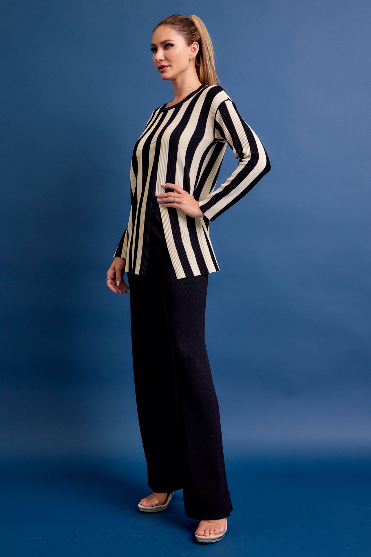 Clean Lines Knit Stripe Long Sleeve Top and Solid Pants Set