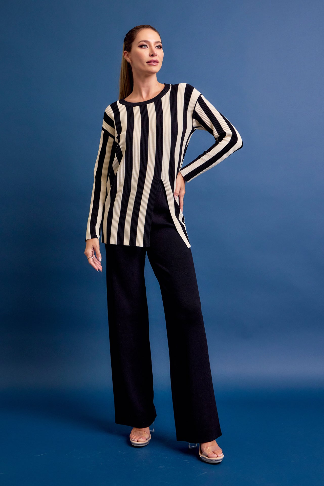 Clean Lines Knit Stripe Long Sleeve Top and Solid Pants Set