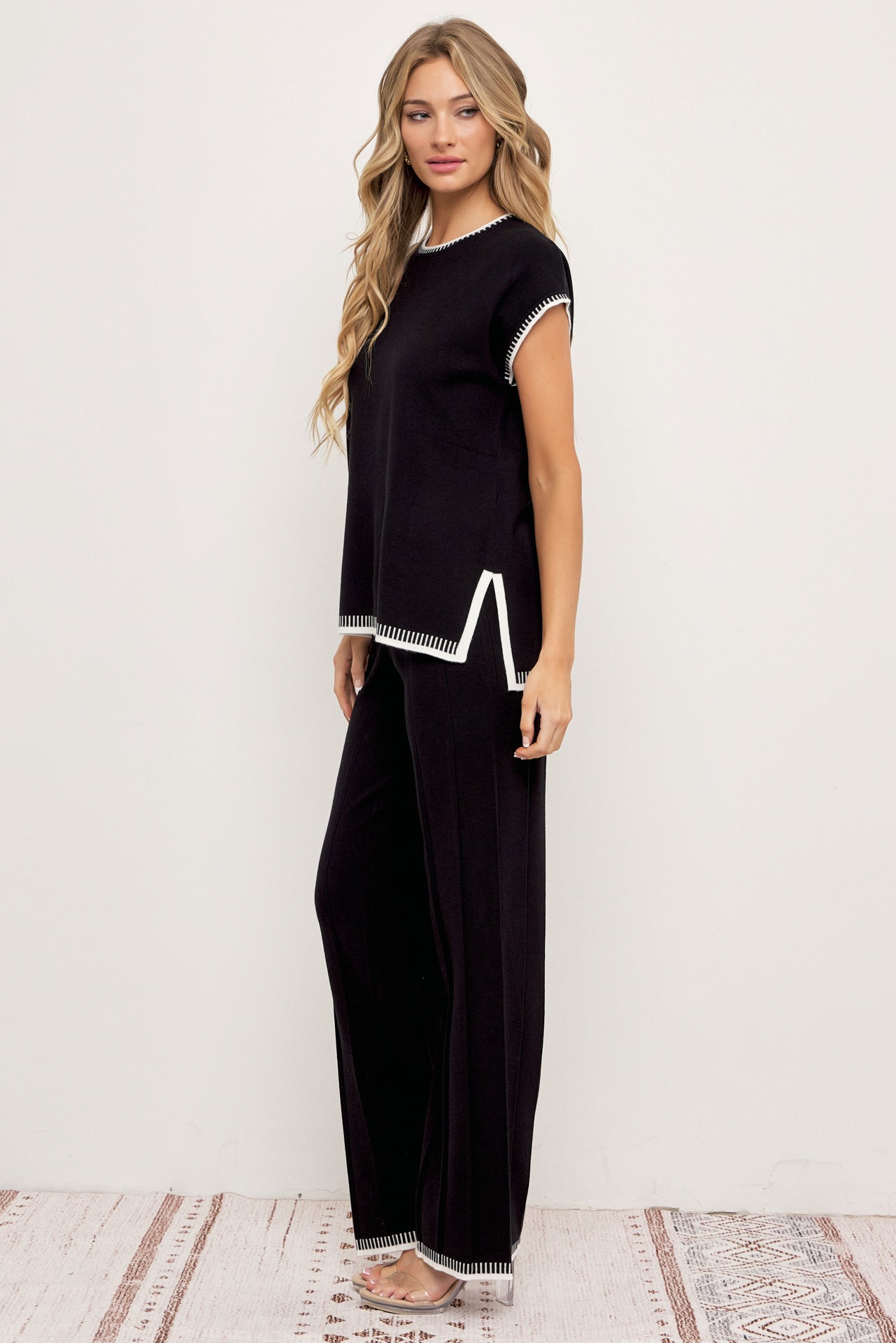 Calista Knit Sleeveless Top & Pants Set With Contrast