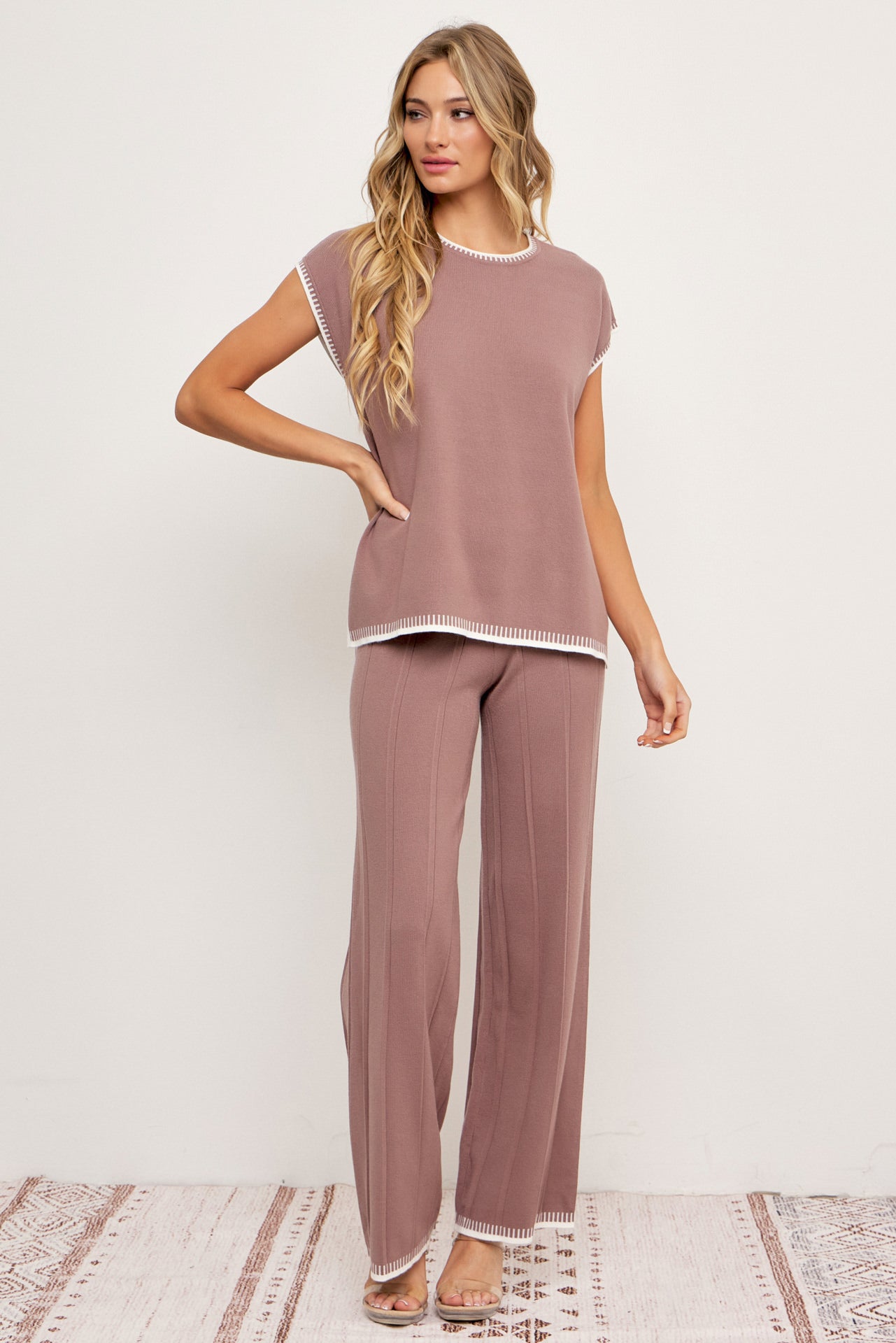 Calista Knit Sleeveless Top & Pants Set With Contrast