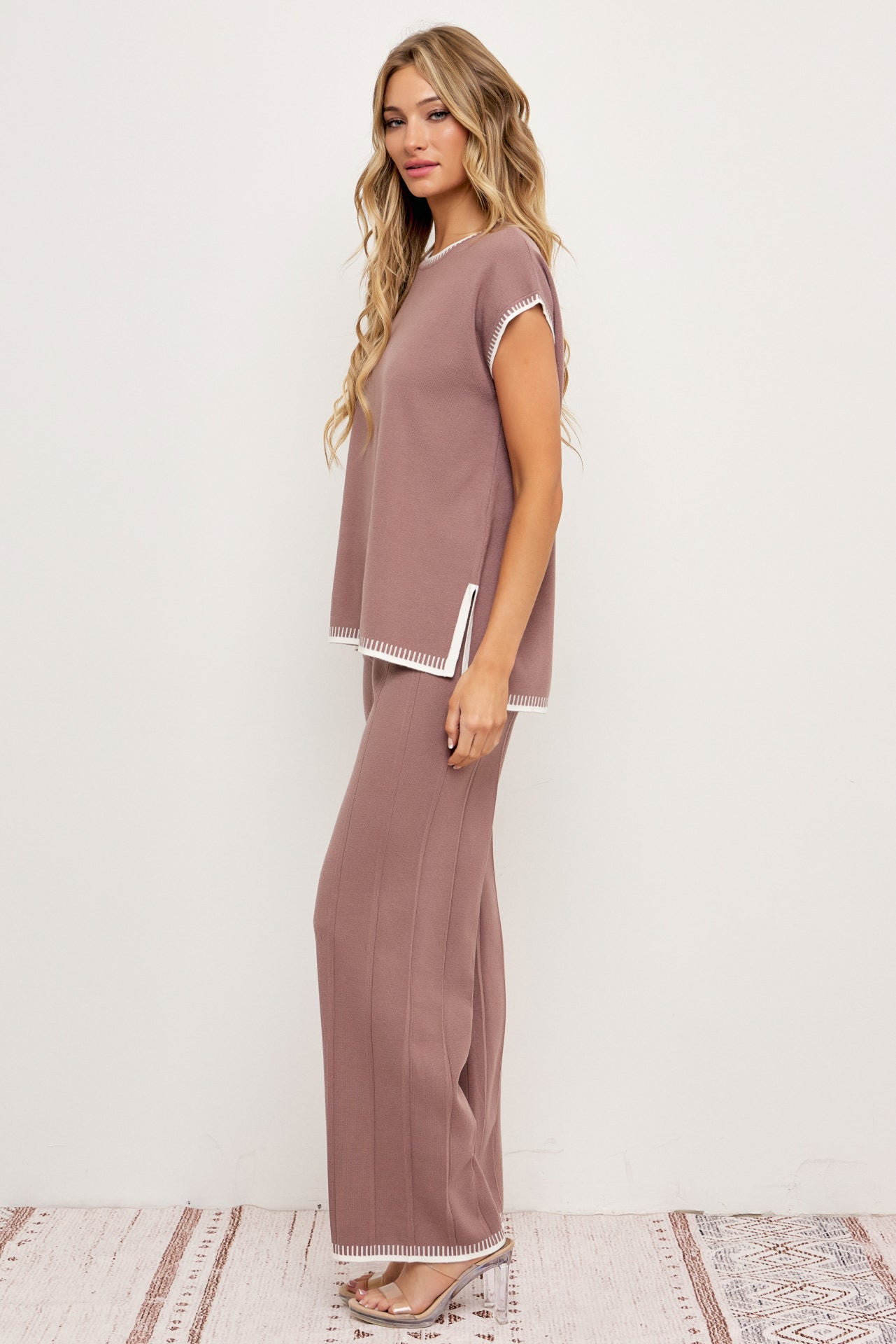 Calista Knit Sleeveless Top & Pants Set With Contrast