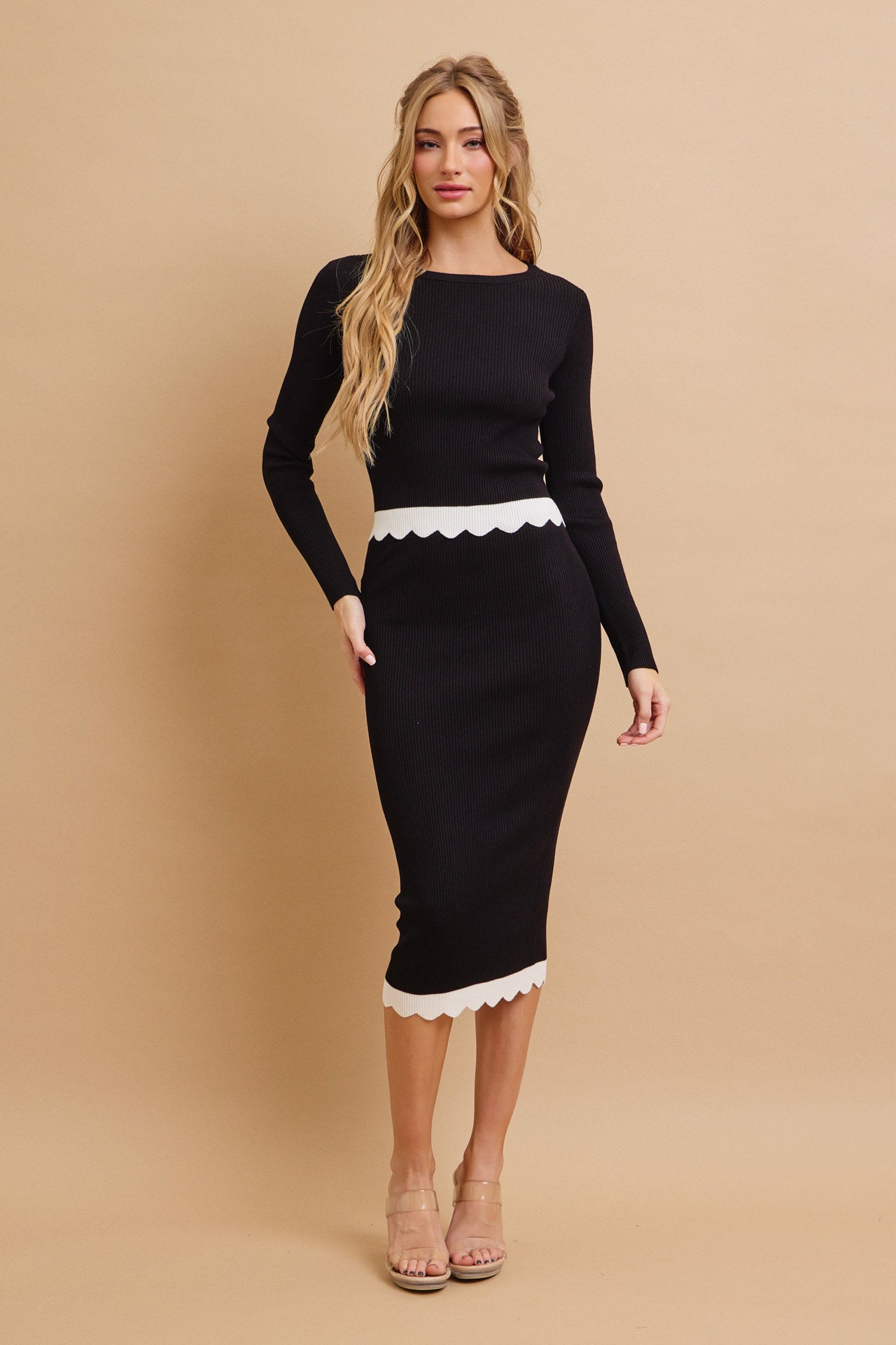 Kiora Knit Colorblock Scallop Hem Long Sleeve Top & Midi Skirt Set