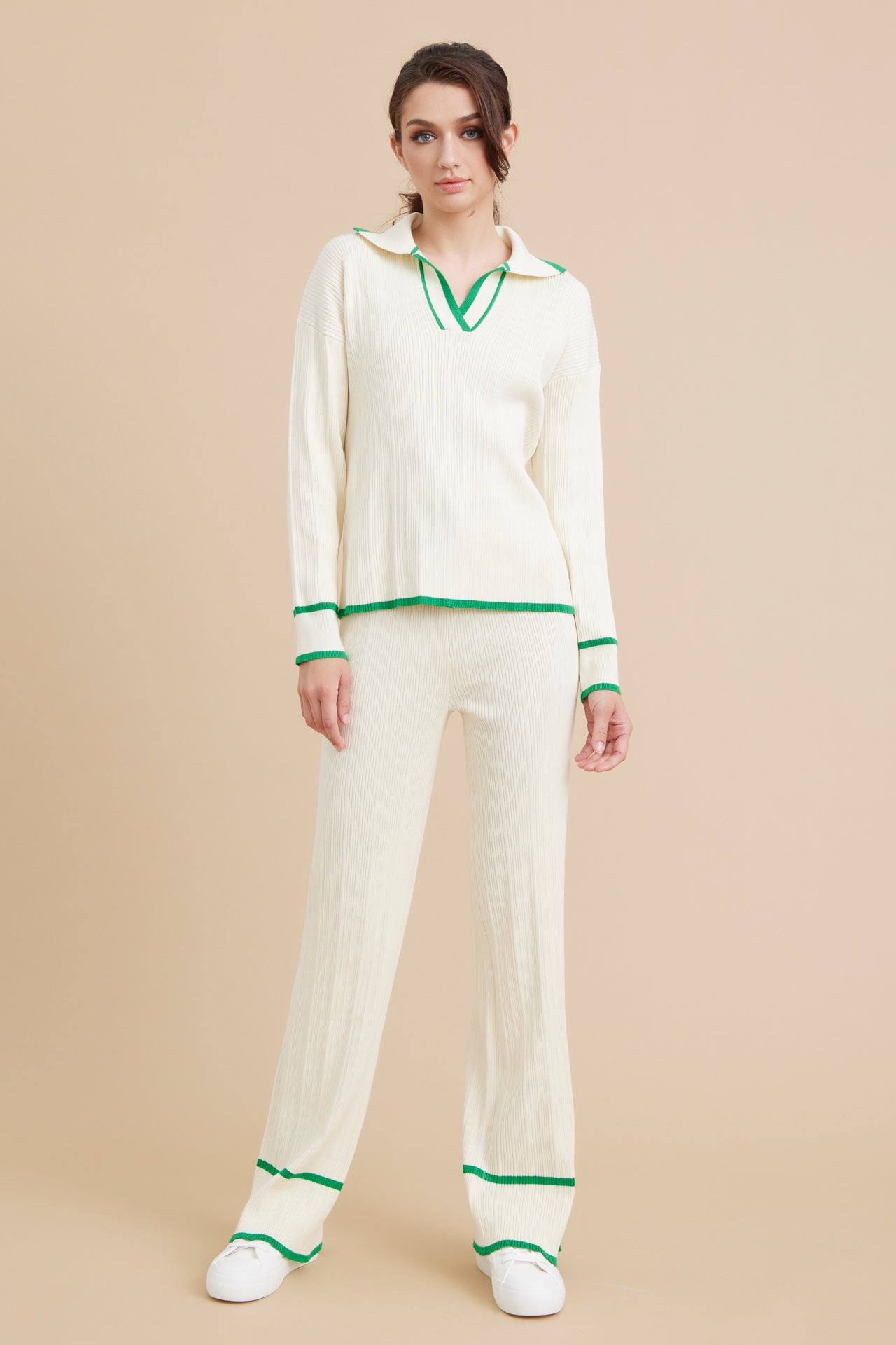 Knit Collar Long Sleeve Top and Pants Set