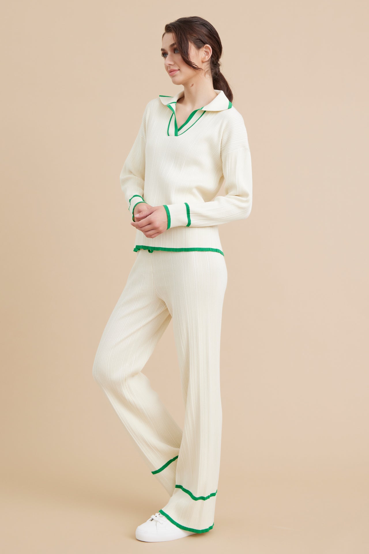 Knit Collar Long Sleeve Top and Pants Set