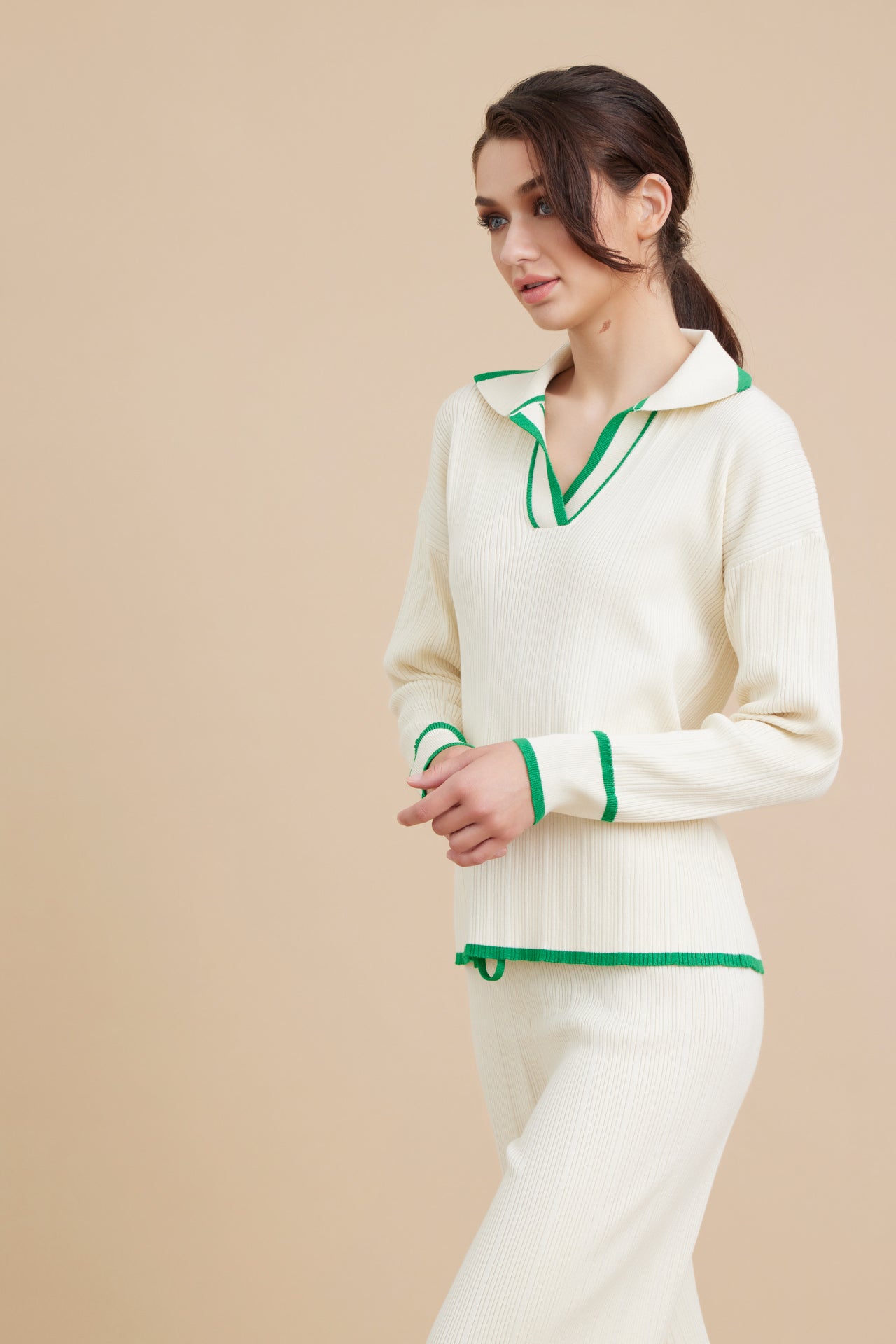 Knit Collar Long Sleeve Top and Pants Set