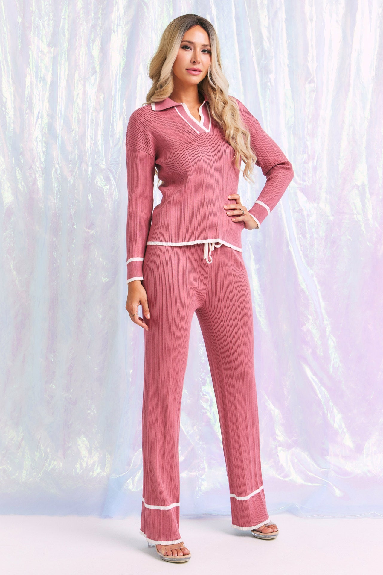 Knit Collar Long Sleeve Top and Pants Set