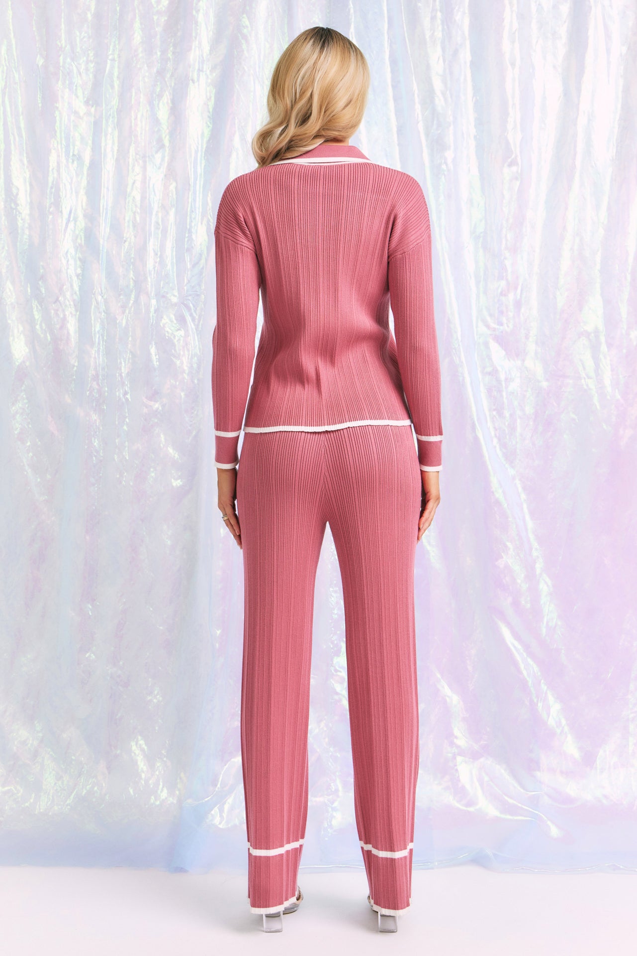 Knit Collar Long Sleeve Top and Pants Set