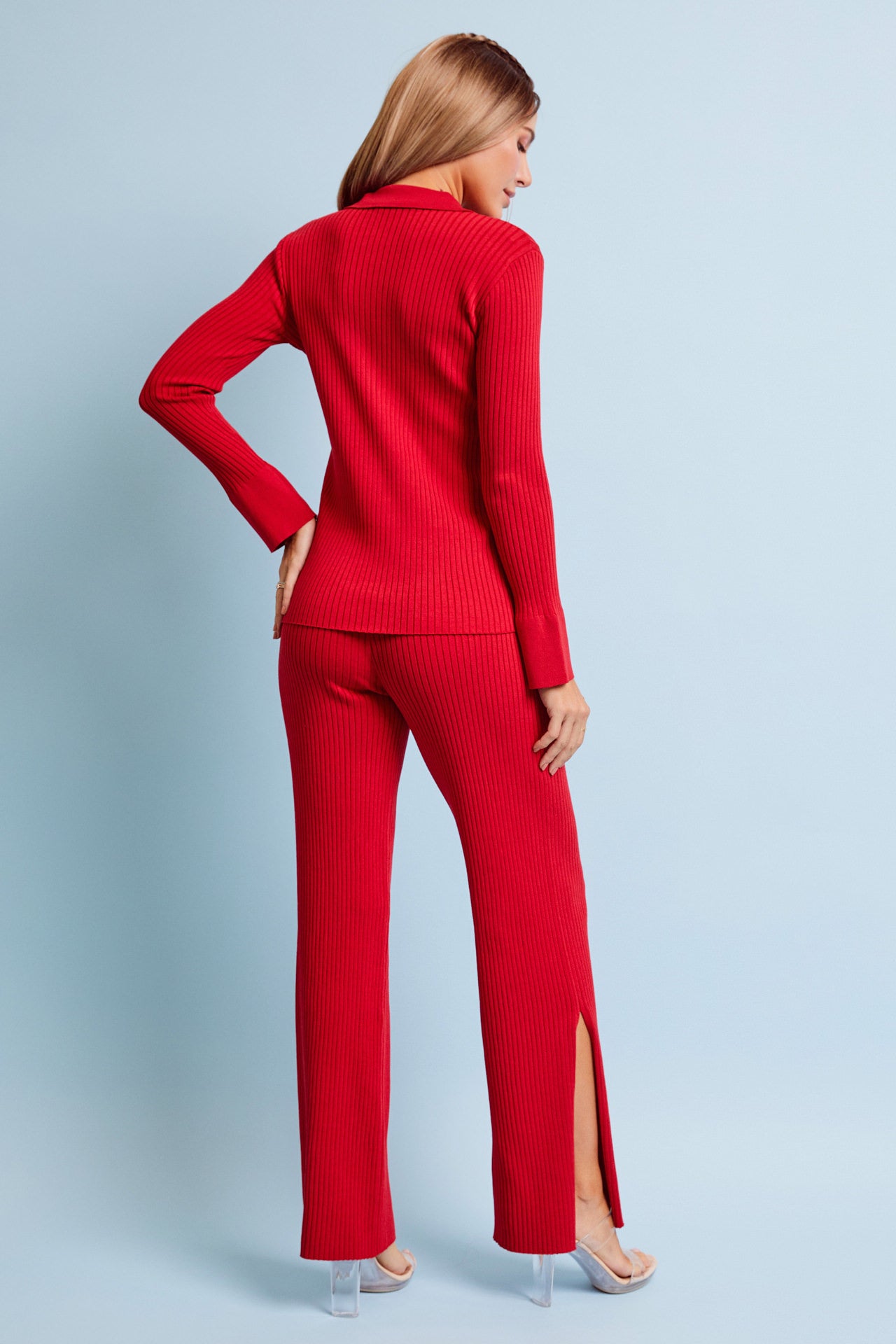 Knit Collared Long Sleeve Top & Pants Set